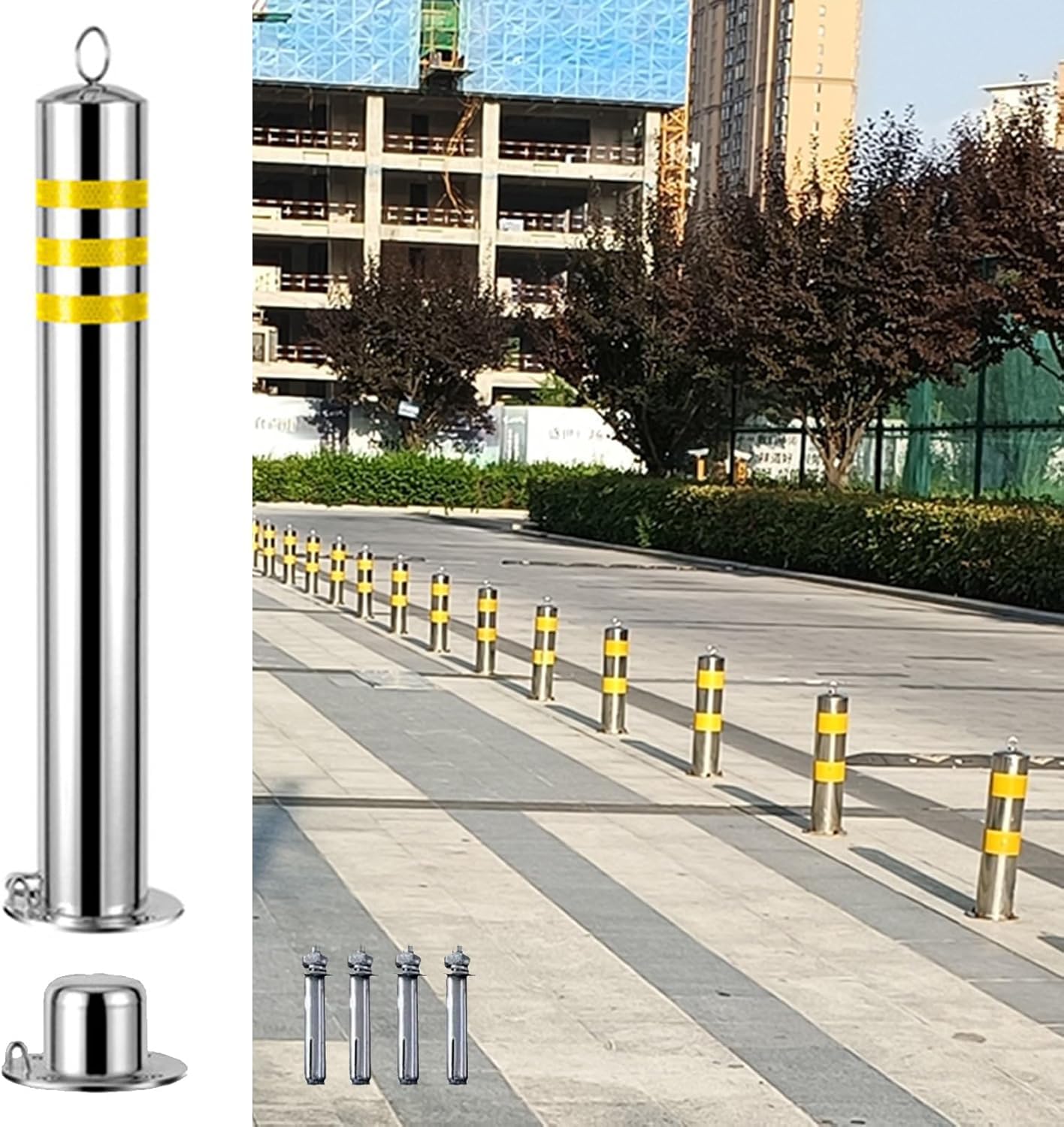 JYBNBBE Traffic Cone Safety Barrier Removable Security Bollard Post Barrier with Lock, Stainless Steel Pipe Parking Bollards, Reflective Traffic Delineator Cones for Driveway,1pc-7.6 x 60cm