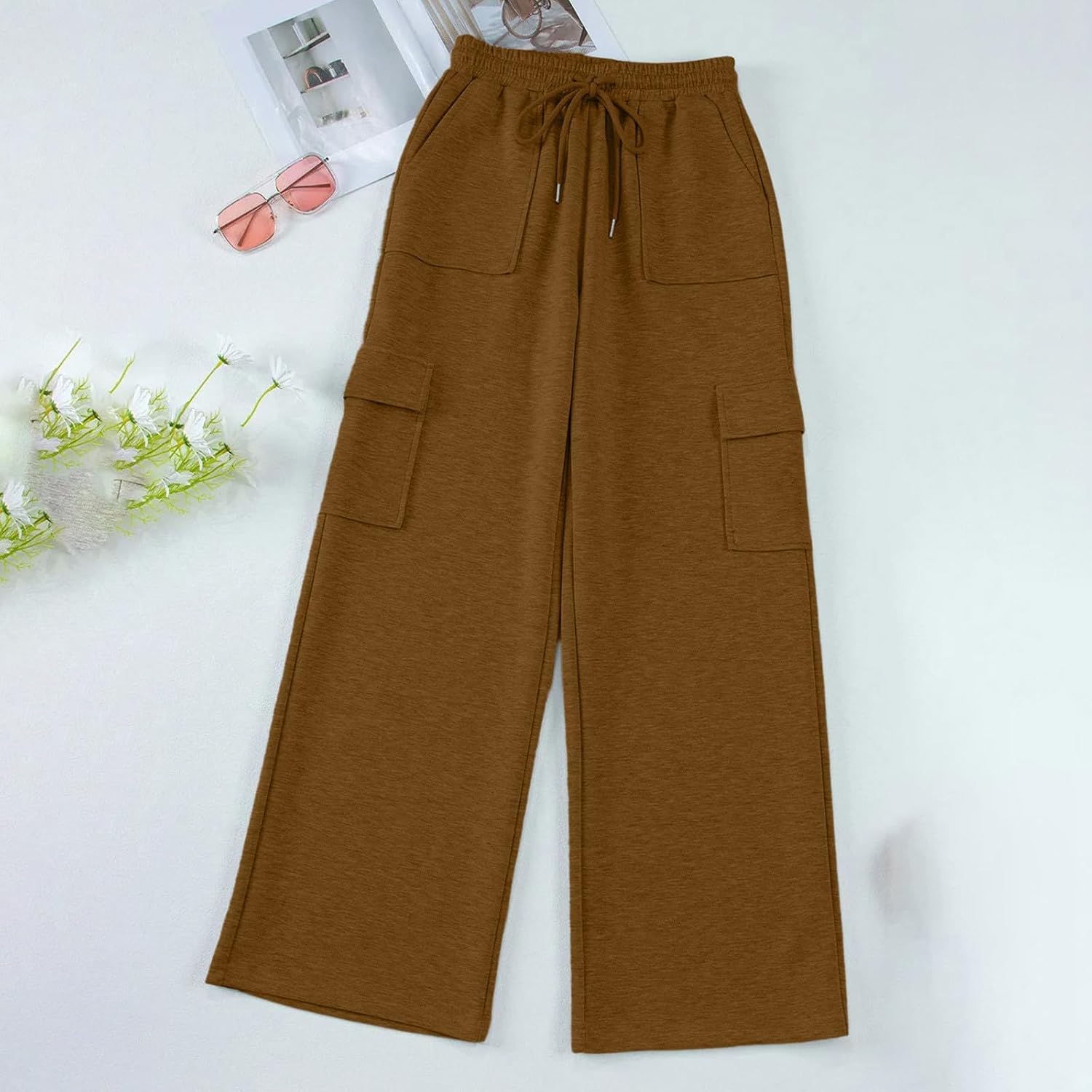 Women's Fall High Waist Cargo Sweatpants with Drawstring Pockets Loose Straight Leg Casual Lounge Trousers image 3