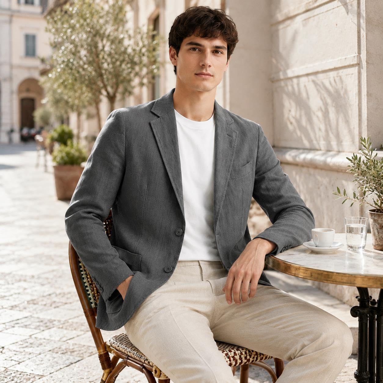 Blazer De Lino para Hombre Traje De Lino De Corte Relajado con Solapa De Muesca Y Bolsillos De Parche Blazer Ligero Lavable De Dos Botones Elegante Informal Ideal para Primavera Verano Oficina Y Via