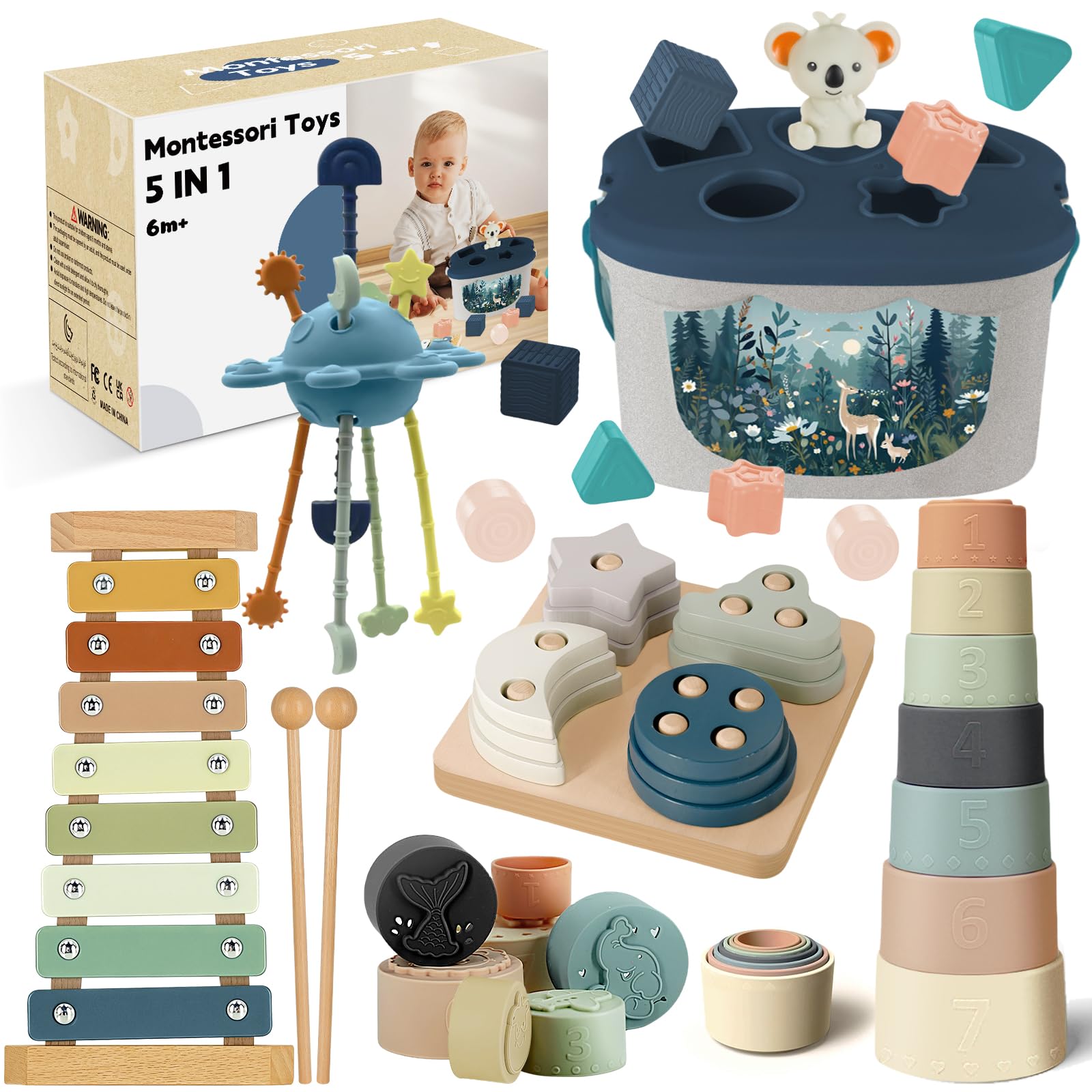 Giochi Montessori 6 Mesi a 1 Anno, Giochi Sensoriali Neonato 6-9-12 Mesi | Giochi Bambini 6 Mesi con Tirare la Corda,Gioco di Forme e Impilamento,Xilofono,Bicchieri Impilabili,Regalo Neonato 6-12 Mesi