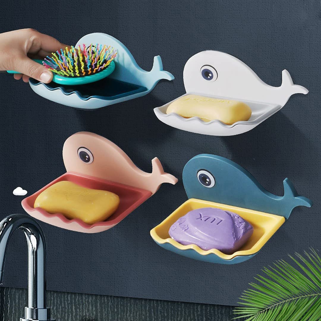 BIRZAR Self Draining Fish Shape Cute Soap Plastic Dish Adhesive Waterproof Wall Mounted Bar Soap Dish Holder Organizer Rack Hanging Bathroom Soap Tray for Bathroom (Multi) (1)