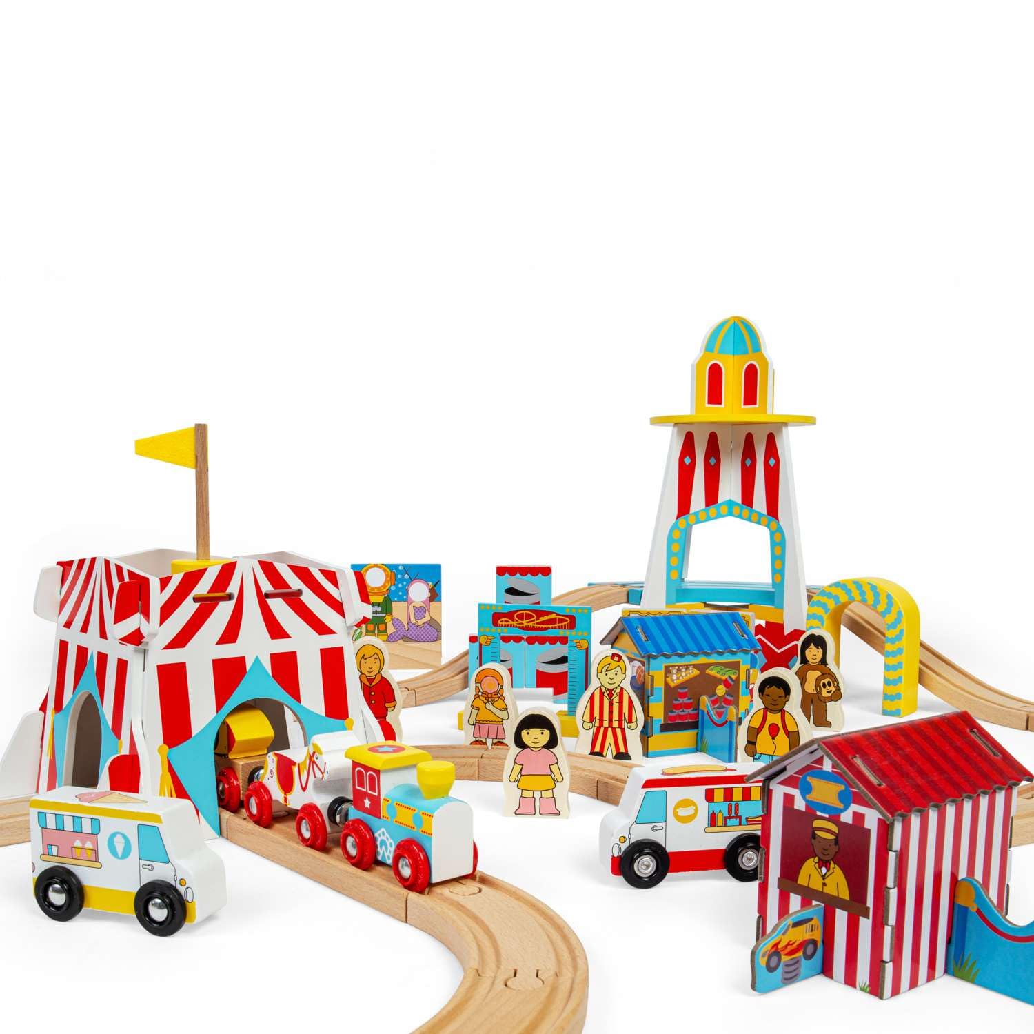 Bigjigs Rail Fun Fair Train Set, Juego de Trenes de Carnaval de 54 Piezas, Trenes y ferrocarriles de Madera sostenible para niños de 3+ años.
