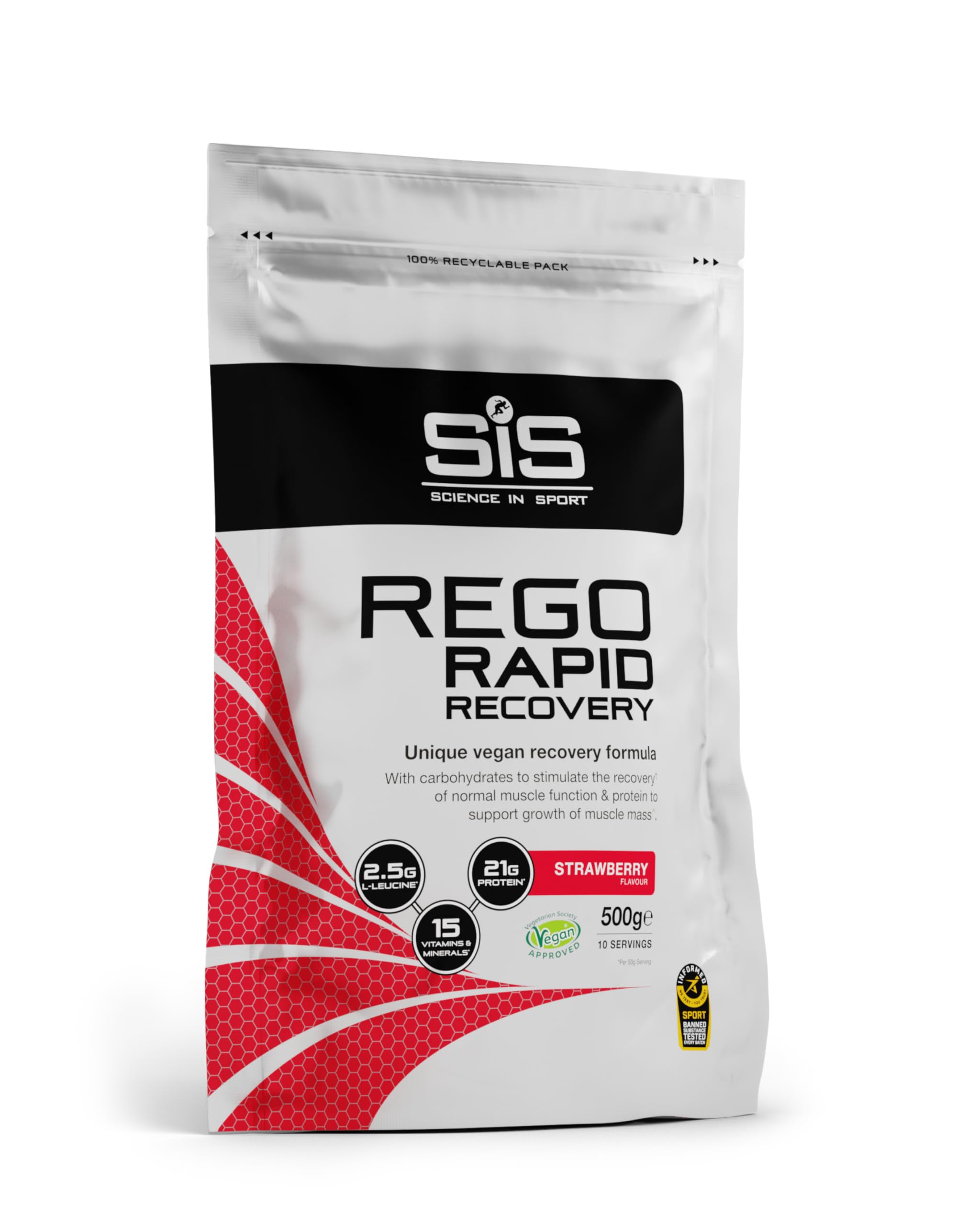 Science In Sport REGO Rapid Recovery Protein Powder, Strawberry Protein Powder with Added L-Leucine, Vitamins and Minerals for Muscle Recovery, 10 Servings, 500g