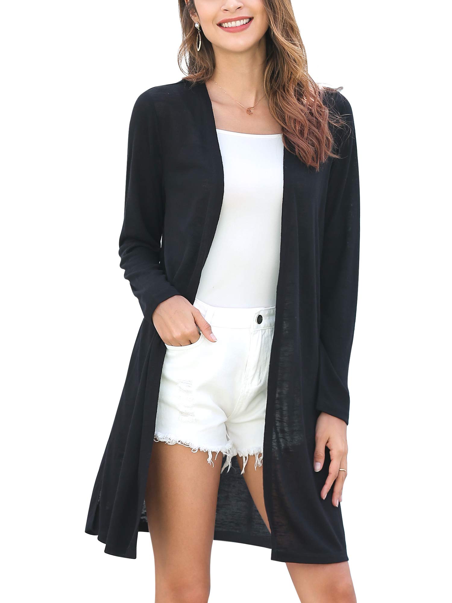 MessBebe Strickjacke Damen Lang Cardigan Sommer Langarm Offen Front Dünn Casual Leicht Frühling