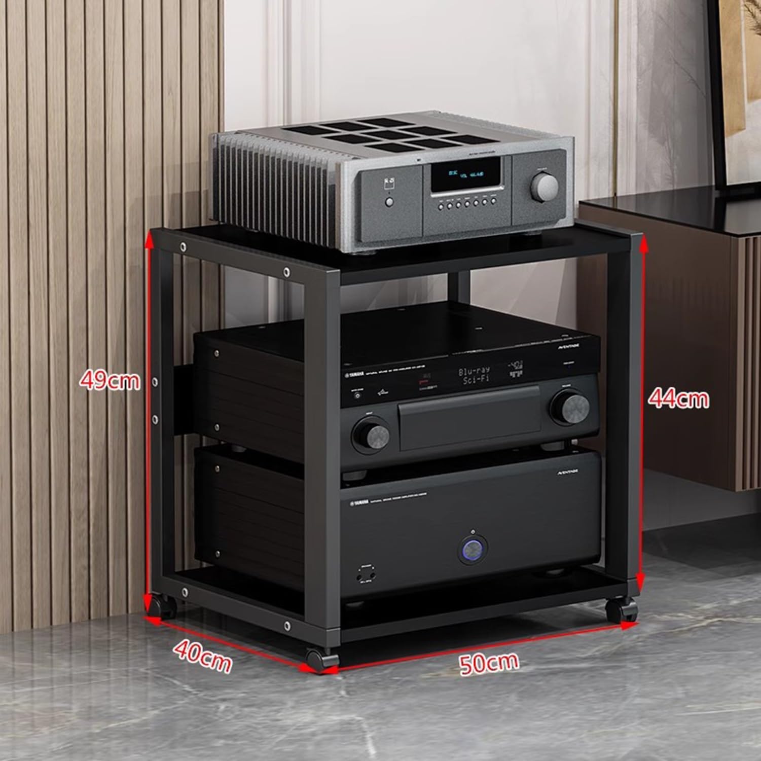 2/3-poziomowa szafka na sprzęt audio HiFi, stojak na telewizor/drukarkę, stojaki na sprzęt stereo z kółkami obrotowymi, szafka na sprzęt audio do salonów, sypialni, studia gier (50x40x69 cm-C) (c
