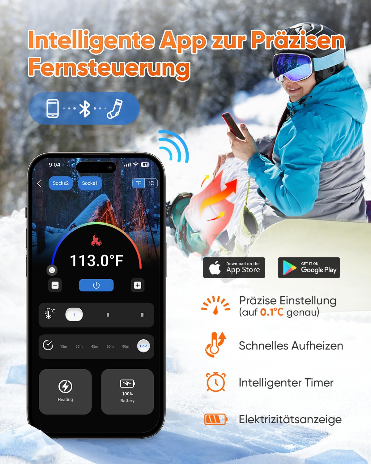 2026 Upgraded Beheizbare Socken, Wiederaufladbare Heizsocken mit 2×5000mAh 5V Akku, 3 Wärmeeinstellungen & 360° Heizung Beheizte Socken, Waschbare Beheizbare Socken Damen Herren für Ski Jagen Wandern