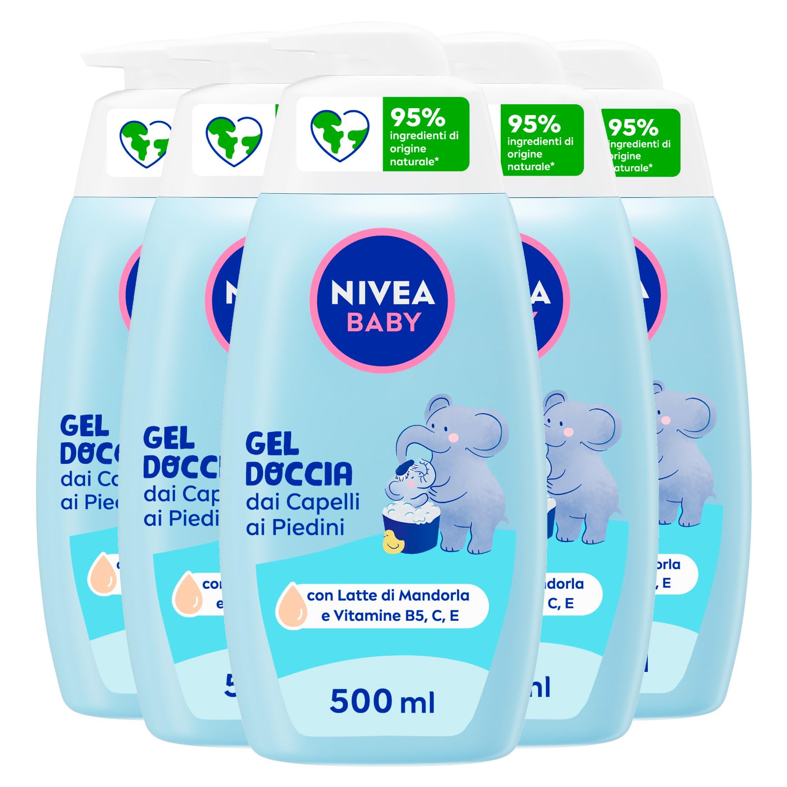 NIVEA Baby Reiniger für Haare an den Füßen, Baby-Shampoo für Körper und Haare, mild und hypoallergen, Reiniger mit natürlicher Ringelblume – 5 Flaschen à 500 ml
