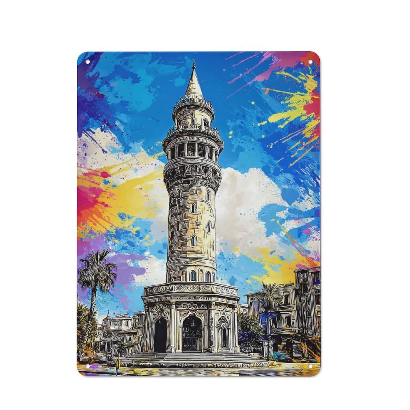 Junmoney Colorful Abstract Tower Painting Retro Metal Sign 40X30cm, Distressed Look Retro Room Decor For Living Room, Hallway, Kitchen Or Cafe