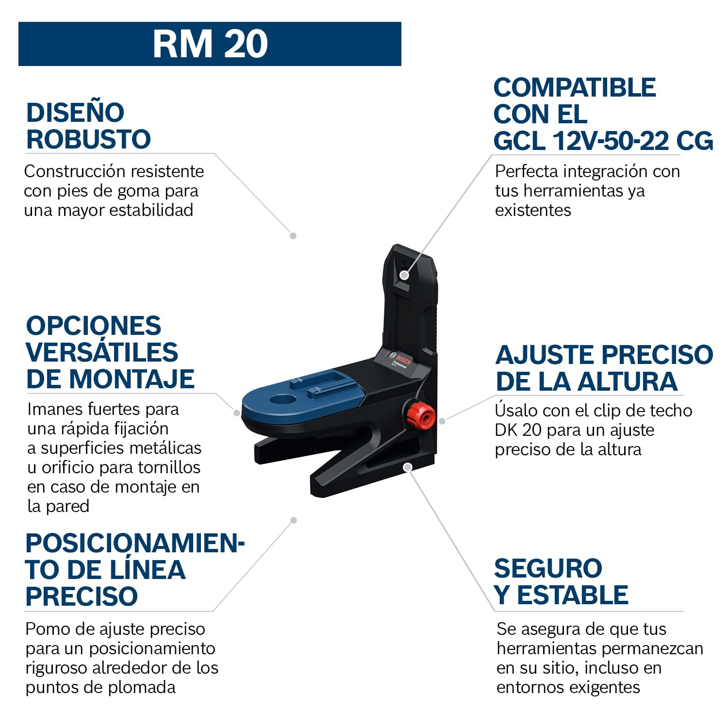 Bosch Professional Soporte RM 20 (diseño robusto, patas de goma, imanes potentes, orificios para tornillos, compatible con el GCL 12V-50-22 CG, ajuste exacto de la altura con clip para techo DK 20)