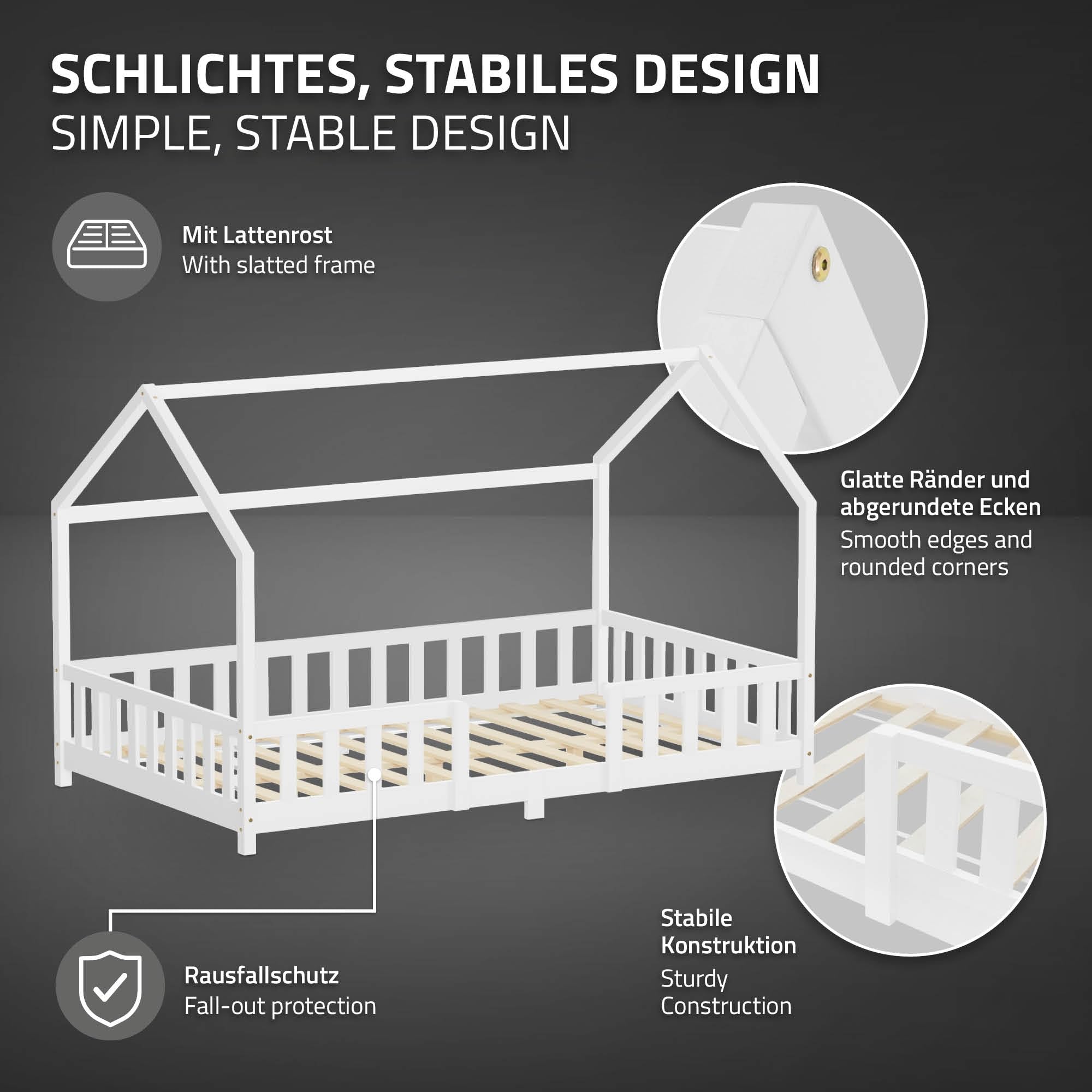 ML-Design Letto a Casetta per Bambini 120x200 cm Una Piazza e Mezza con Protezione Anticaduta, Tetto e Rete a Doghe, Bianco, Letto Montessori a Terra in Legno Massello di Pino, per Cameretta