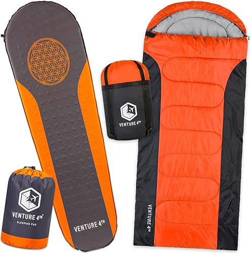 VENTURE 4TH Saco de dormir cálido para mochilero con almohadilla de dormir autoinflable para adultos y niños, ideal para senderismo, camping y