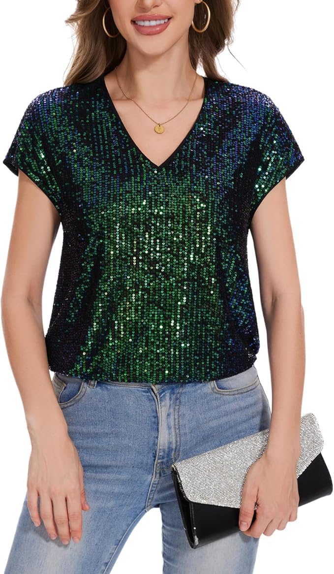 Blusa de lentejuelas brillantes para mujer, manga casquillo, cuello en V, blusa tipo túnica con lentejuelas con purpurina, holgada, casual, fiesta