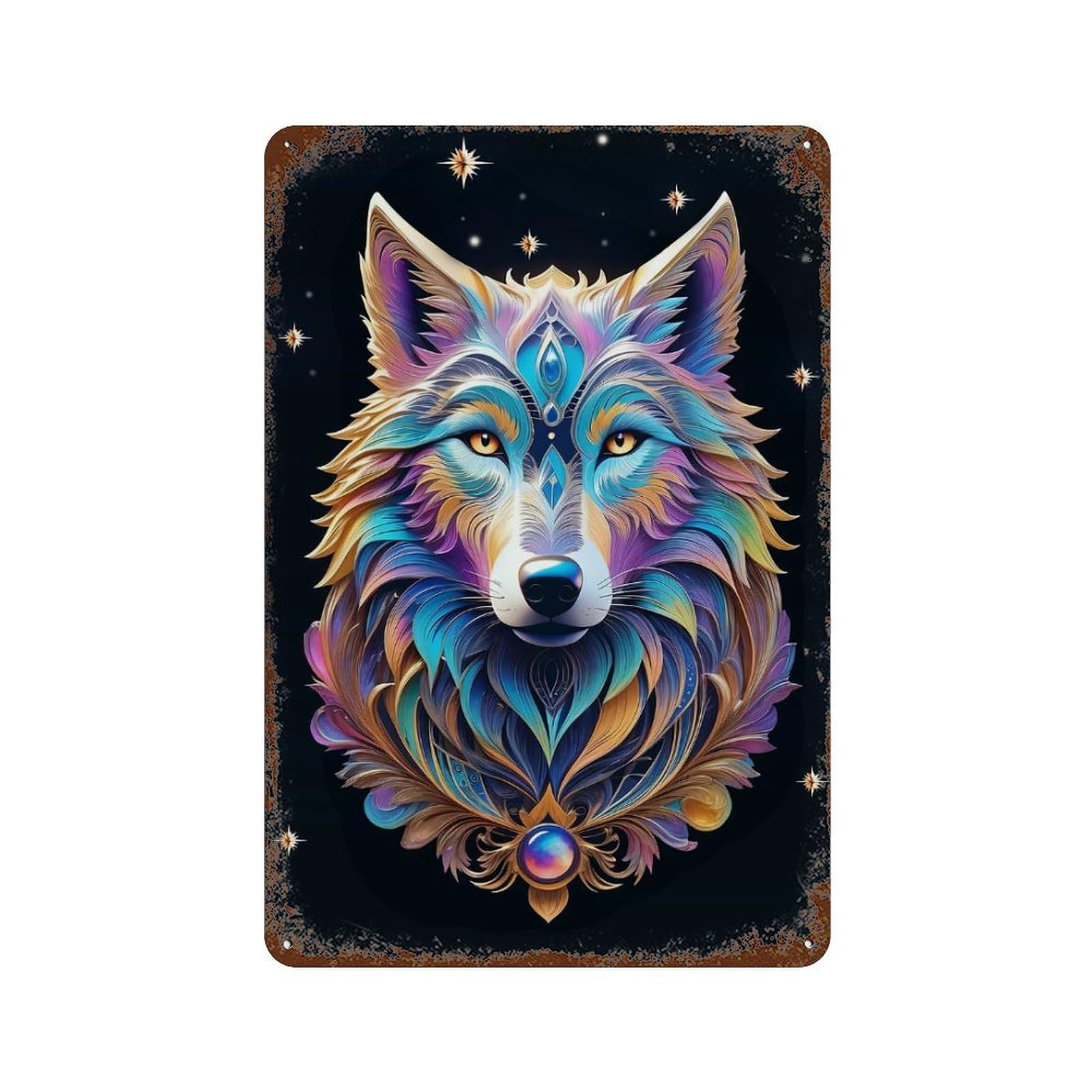 Surreal Galaxy Wolf 11.8"x7.9" Distressed Metal Wall Sign, Retro Wall Decor for Garage, Bar And Workshop Decor