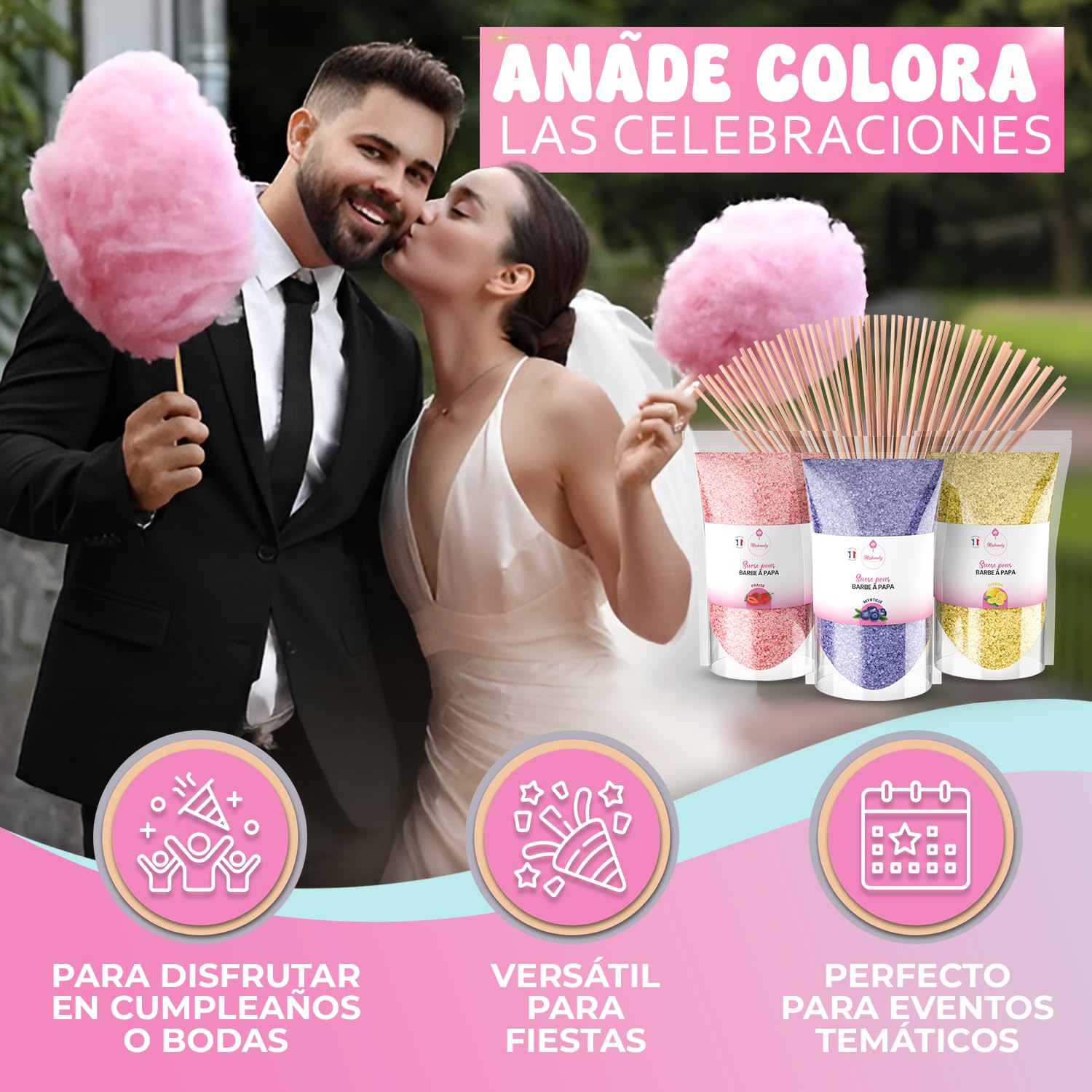 Misskandy Algodón de Azúcar para Máquina Pack 3x160g Sabores Naturales Fresa Arándano Limón