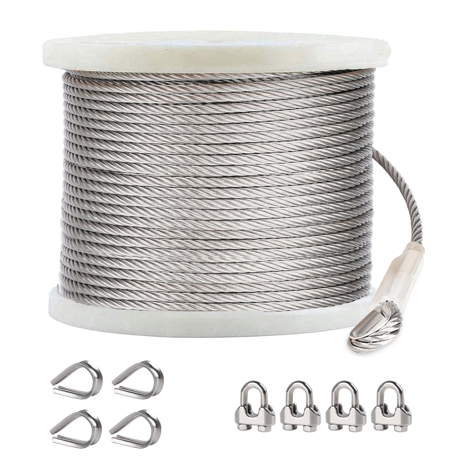 Drahtseil 6mm 61M Edelstahl Seil Set, 7x19 Litzenkern Stahlseil mit Ösen, Flugzeugkabel mit Seilklemmen und Fingerhut, 2600kg Bruchfestigkeit Perfekt für Seilbahn, Außen,Garten,Geländer