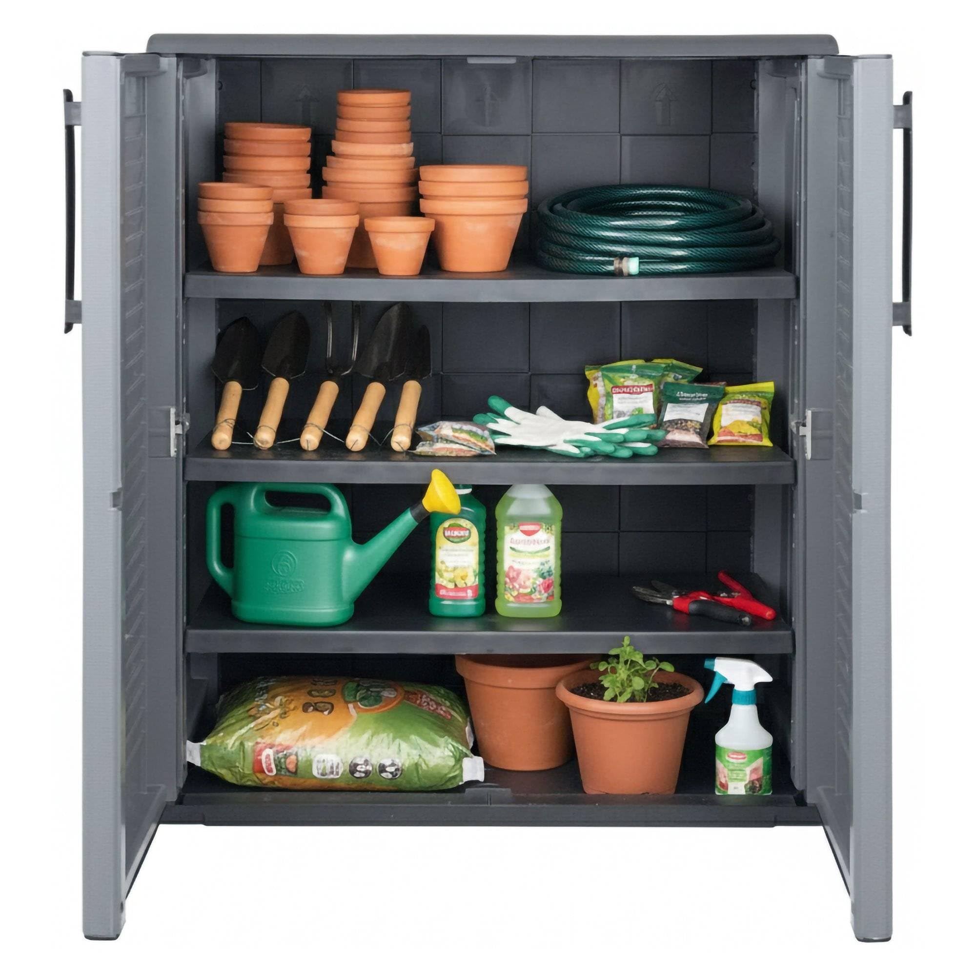 Dmora - Armoire d'extérieur Bilzen, Mobilier d'extérieur, Armoire de Balcon Polyvalente, 100% Made in Italy, Gris et Noir, Finition rayée, 68x37h84 cm