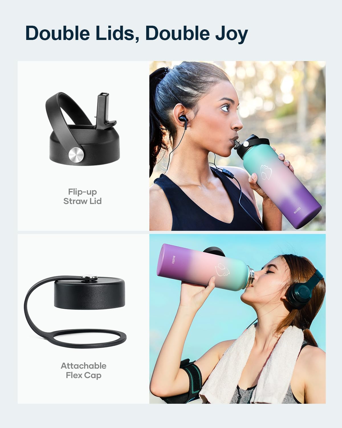 BUZIO 40oz Insulated Water Bottle, Stainless Steel Double Wall Water Flask (Cold for 48 Hrs) Leak Proof Sports Bottles Jug with Straw Lid and Flex Cap Metal Canteen for Gym Travel Camping, Hydrangea - Image 3