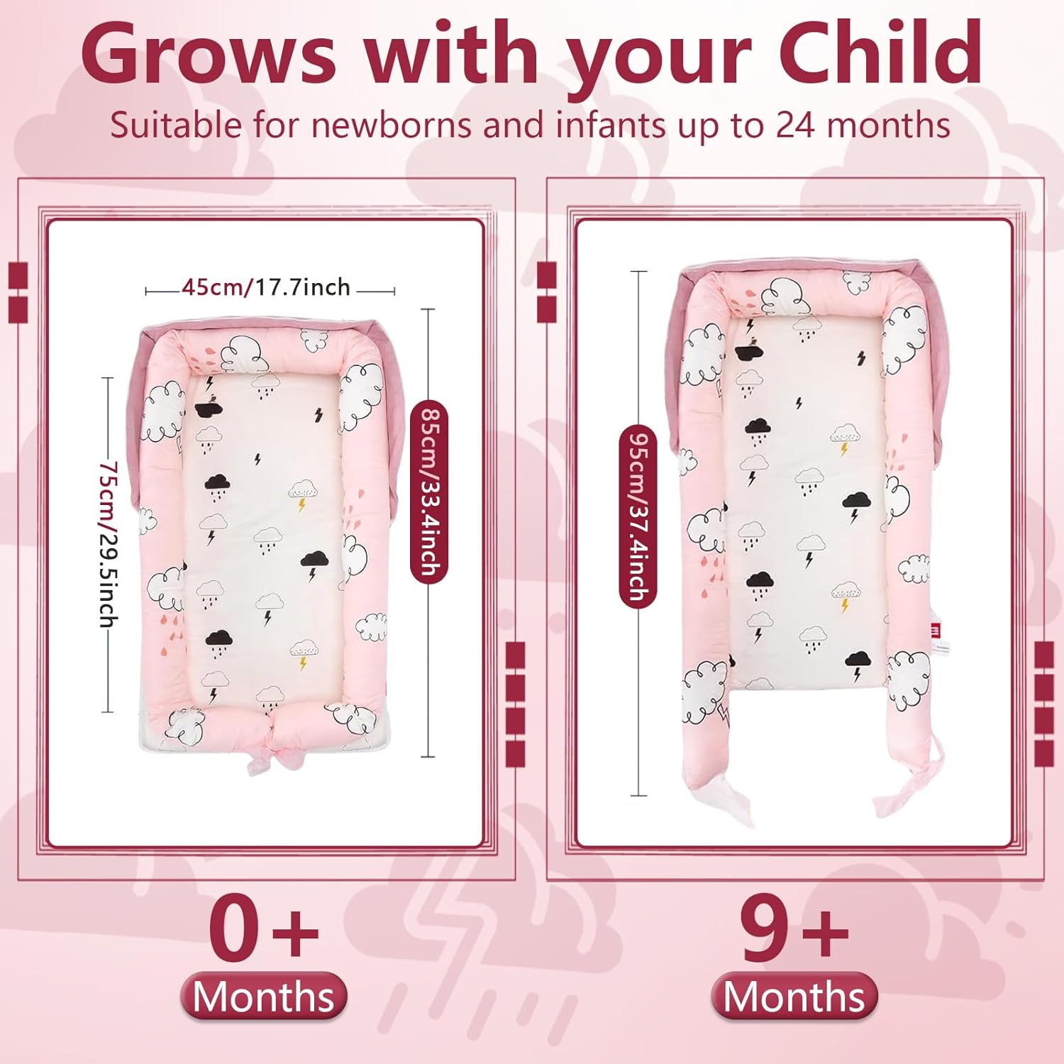 Baby Lounger for Newborn to Toddler 0-24 Months - Portable Infant Lounger with Breathable Cotton, Adjustable Size & Lengthen Space Travel Strap for Home, Outdoor (3. Cloud) - Image 3