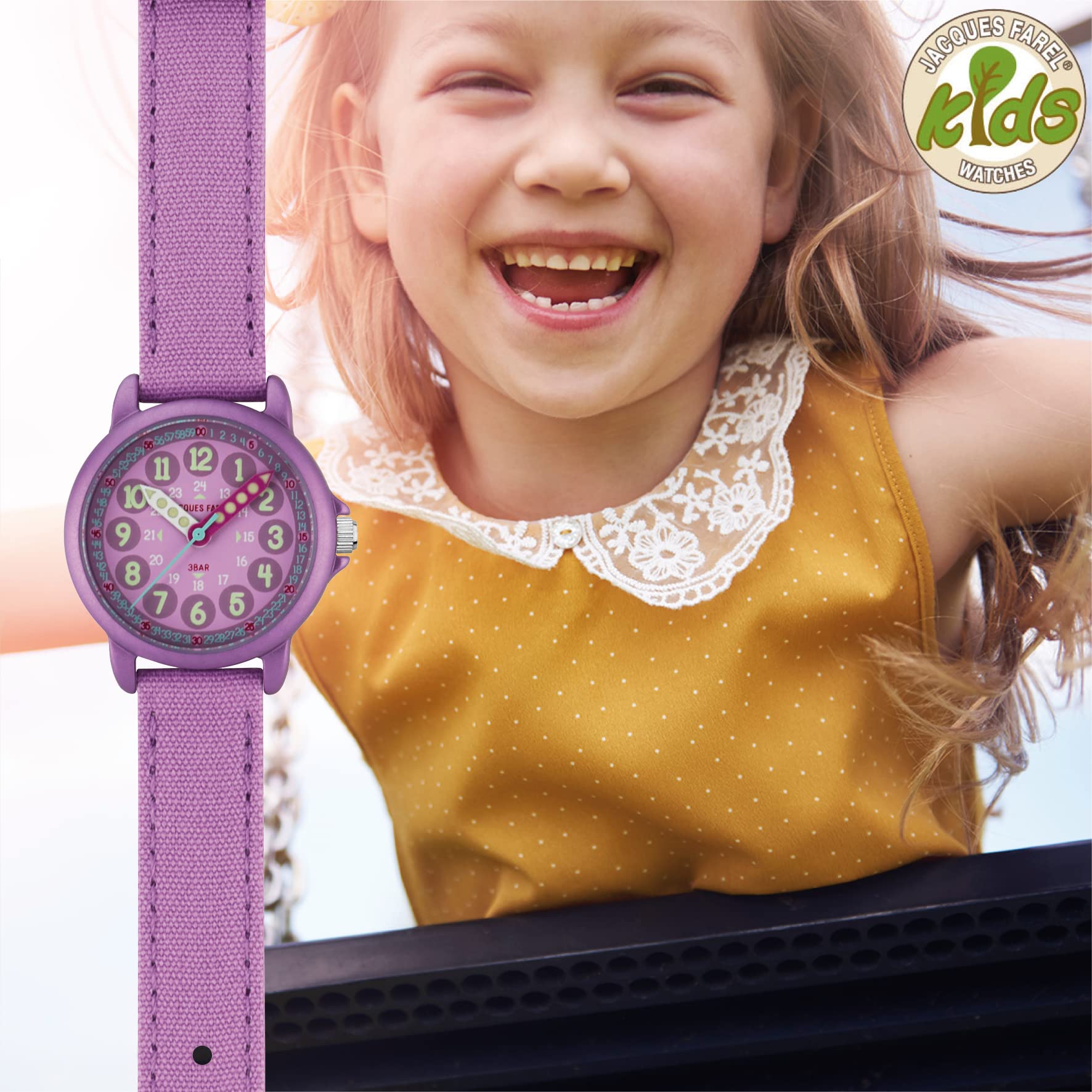 Jacques FAREL Lernuhr Öko Kinderuhr Mädchen Armbanduhr Analog Quarz mit Textilarmband aus Bio-Baumwolle Lila Violett Nachhaltig ORGT 1112