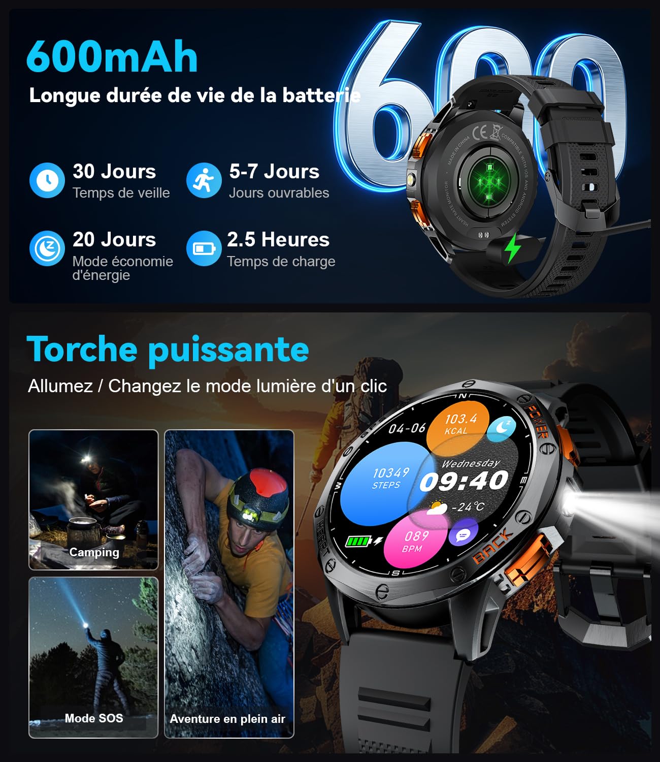 LIGE Montre Connectée Homme GPS avec Boussole/Baromètre, Lampe Torche, Écran AMOLED 1,43", Batterie 600mAh, 5ATM, Appels Bluetooth, Suivi Santé pour Android et iOS, DM1-I