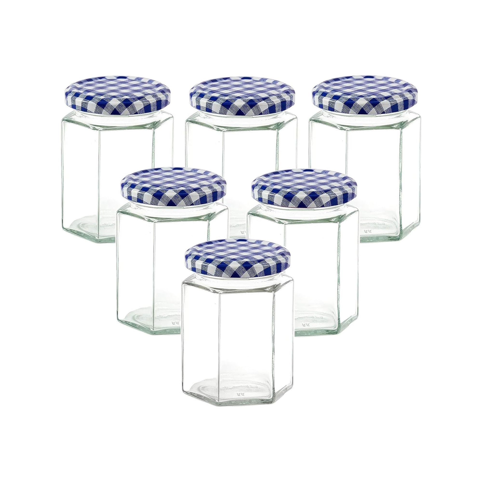 Lucente Blue Lucenté 6Pc Glass Jam Jars Preserve Pots Pickle Jars With Airtight Gingham Screw Top Lids - 280Ml