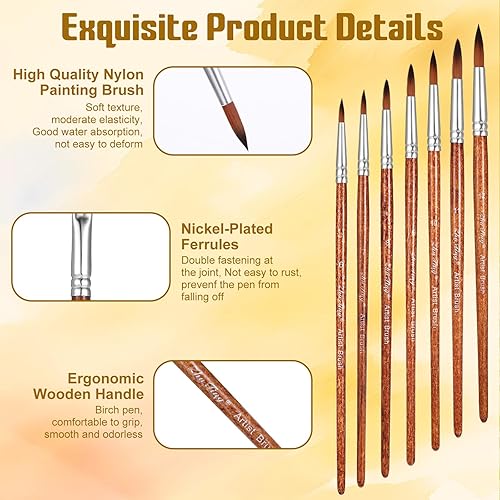 Miniatura 3 de Giantree Juego básico de 12 pinceles redondos, pinceles de pintura de nailon profesionales, pincel de artista de mango largo para acuarela, tinta