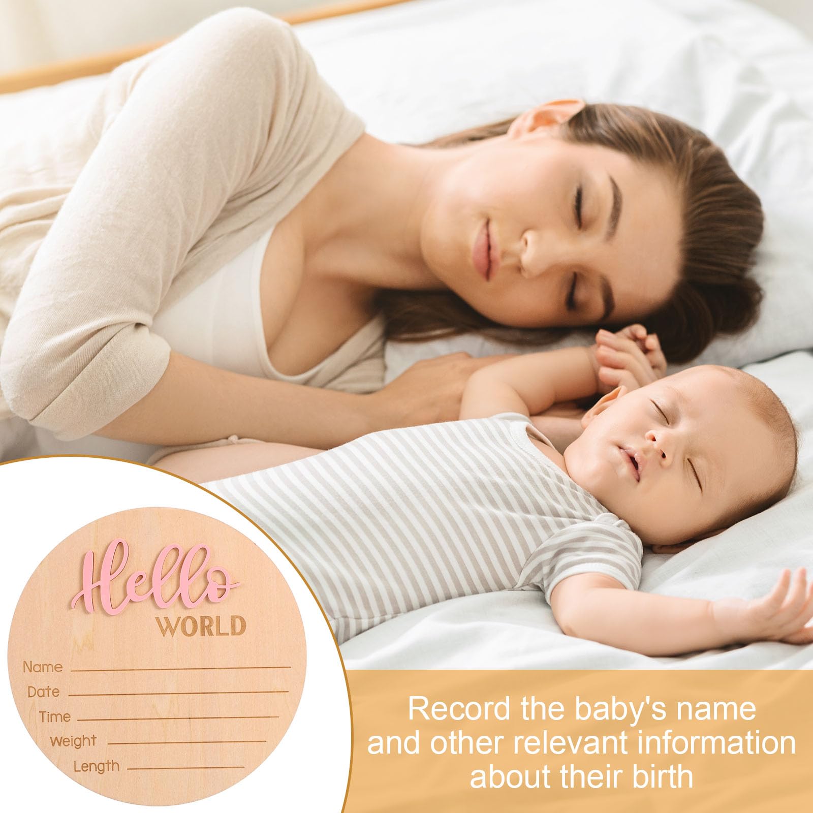 Cartello di Annuncio del Neonato in Legno 15 cm con Scritta Hello World Rosa Chiaro per Baby Shower