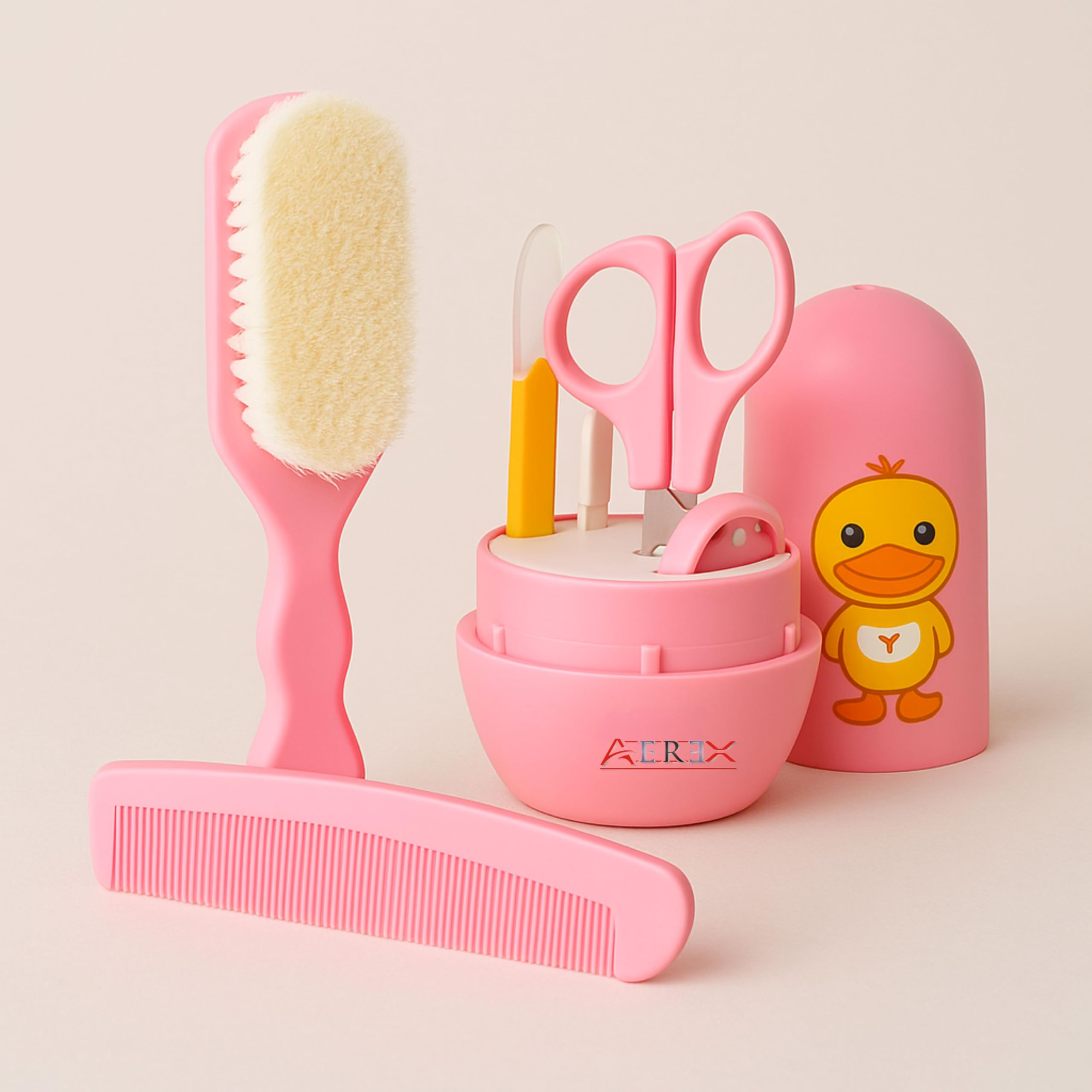 AEREX Baby Grooming Kit 5 in 1 – Newborn & Infant Care Set with Comb, Soft Brush, Baby Nail Clipper, Scissors & Storage Case – Baby Essentials for Daily Grooming (Pink)