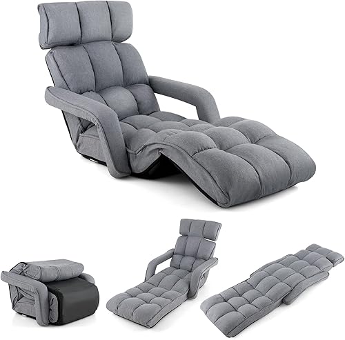 Giantex Sofá cama plegable y ajustable de 6 posiciones, tumbona con reposabrazos y reposapiés, reclinable acolchado para juegos, lectura, sala de