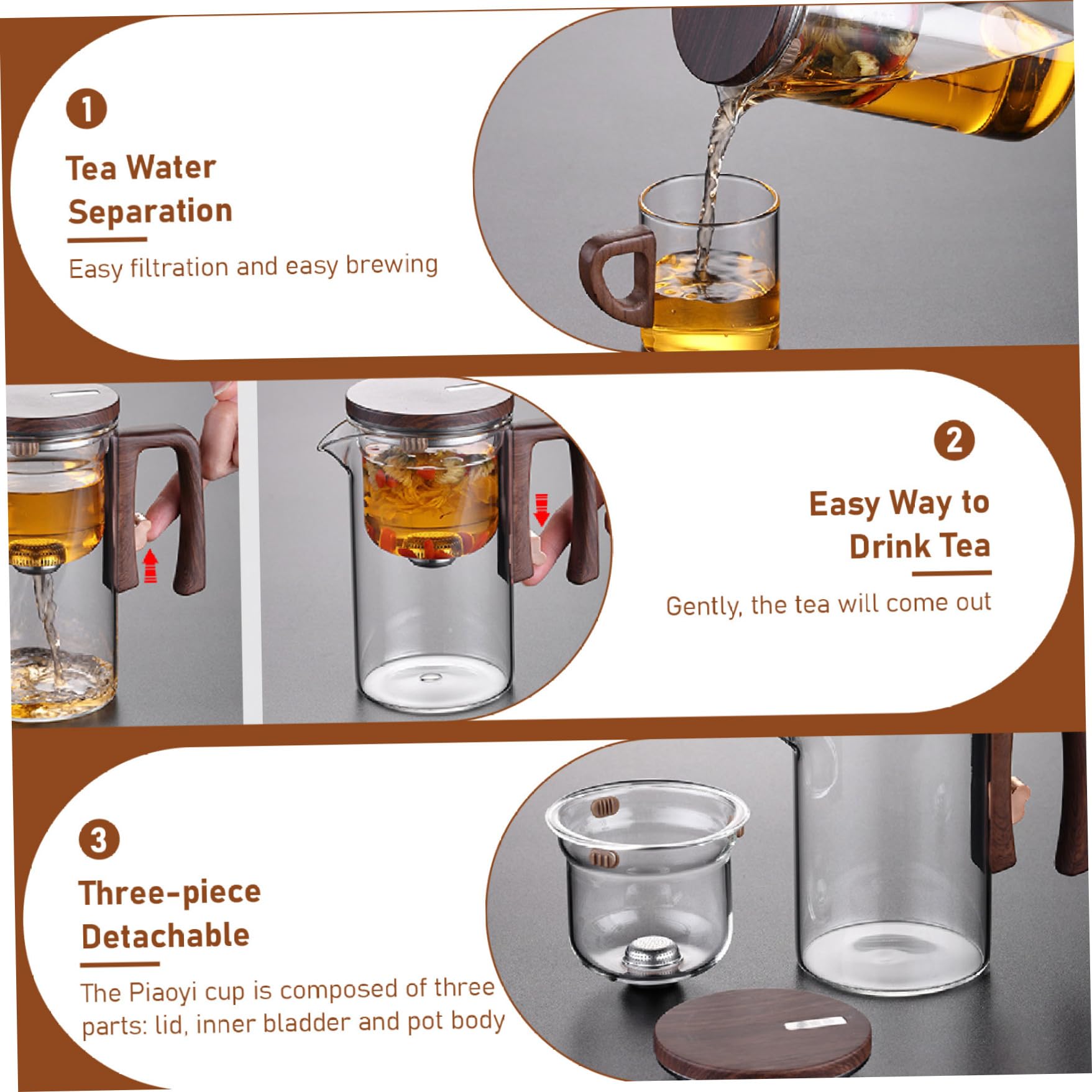 Teiera magnetica con manico e beccuccio, 520 ml, teiera in vetro con infusore per tè sfuso, resistente al calore, rimovibile, lavabile, con coperchio, per casa, ufficio, casa da tè