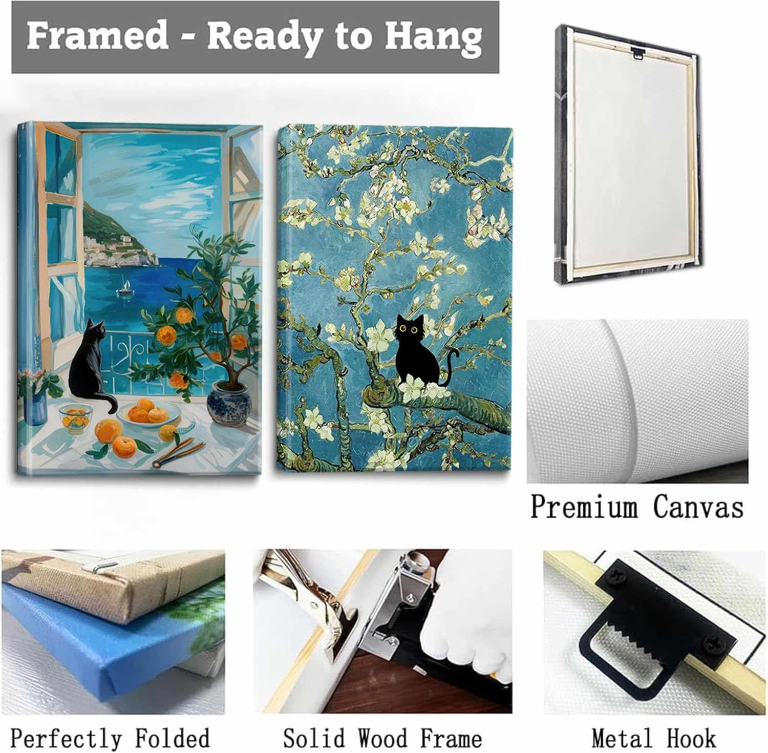 2 Pieces Van Gogh Almond Blossom Canvas Wall Art Matisse Black Cat Blue Coast Landscape Posters Funny Black Cat Paintings Wall Decor Vintage Window Landscape Pictures Retro Abstract Aesthetic For Living Room Bedroom 12"X16" Framed
