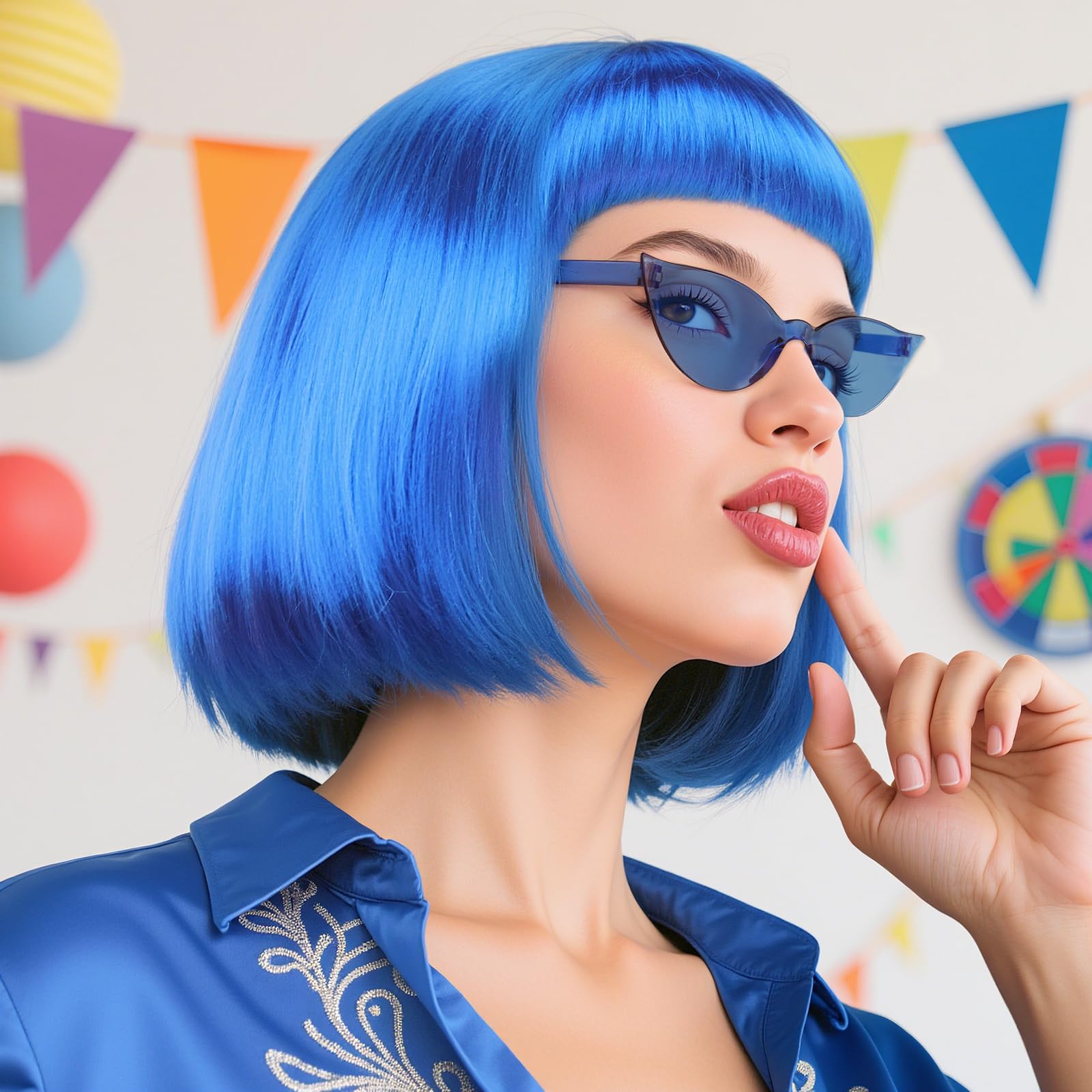 Short Blue Wig with Bangs 3 Pcs Dark Royal Blue Bob Wig Colorful Wigs for Women Natural Straight Funny Wigs for Women Party Cosplay Outfit Costume Halloween + Sunglasses + clarahead Hair Cap - Image 4