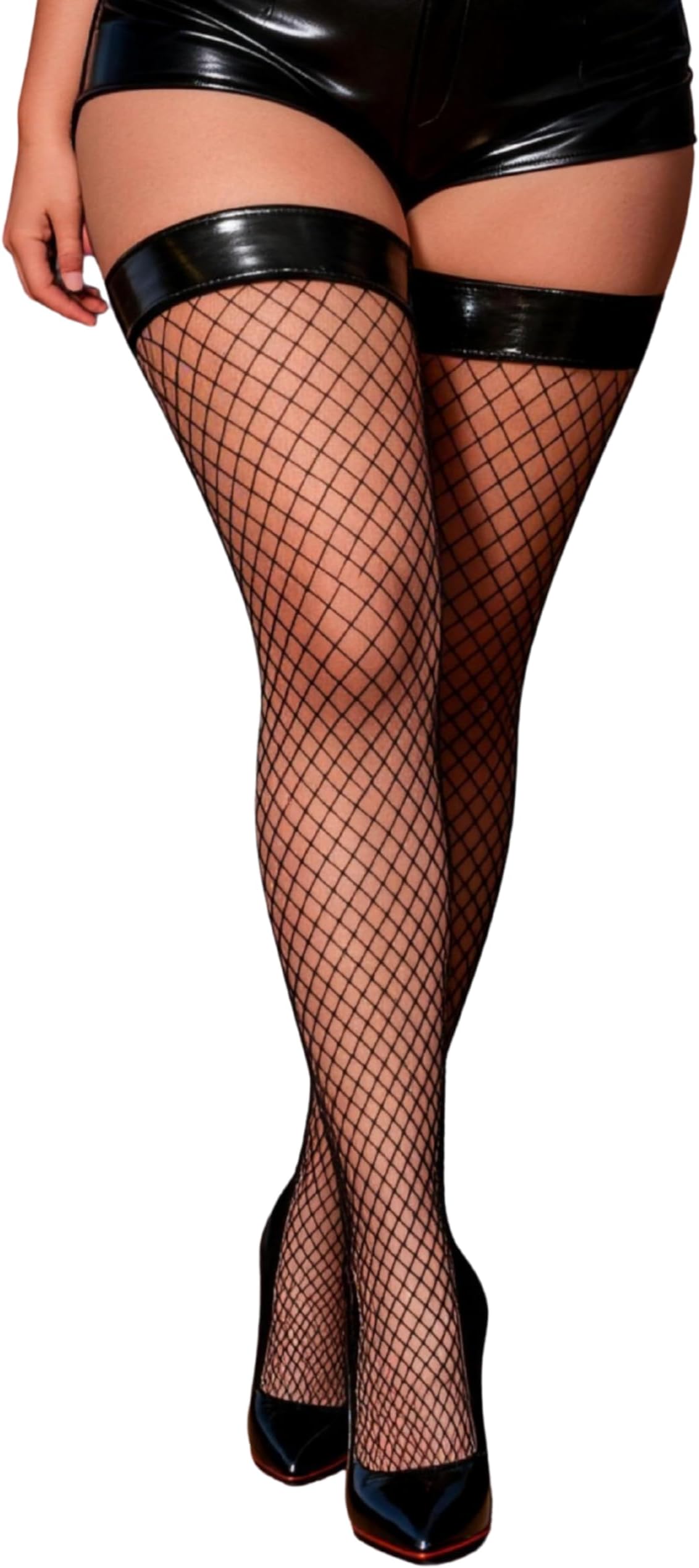 Plus Size Fishnet Stockings for Women with Leather-Topped