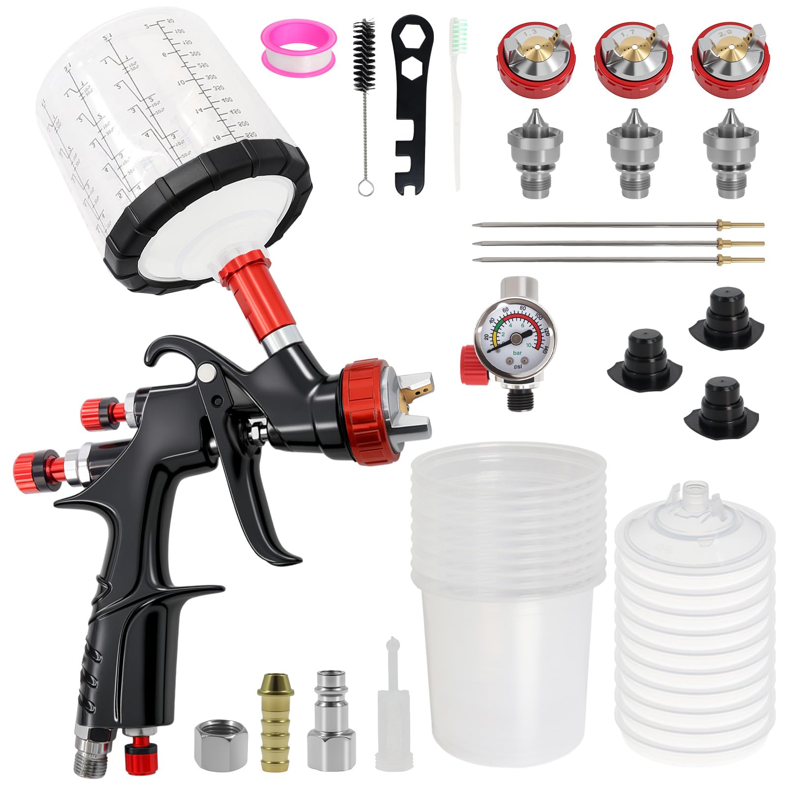 LVLP - Pistola per verniciatura ad aria compressa con serbatoio da 650 ml | Pistola a spruzzo con 3 ugelli da 1,3/1,7/2,0 mm e 10 bicchieri usa e getta per lavori di pittura