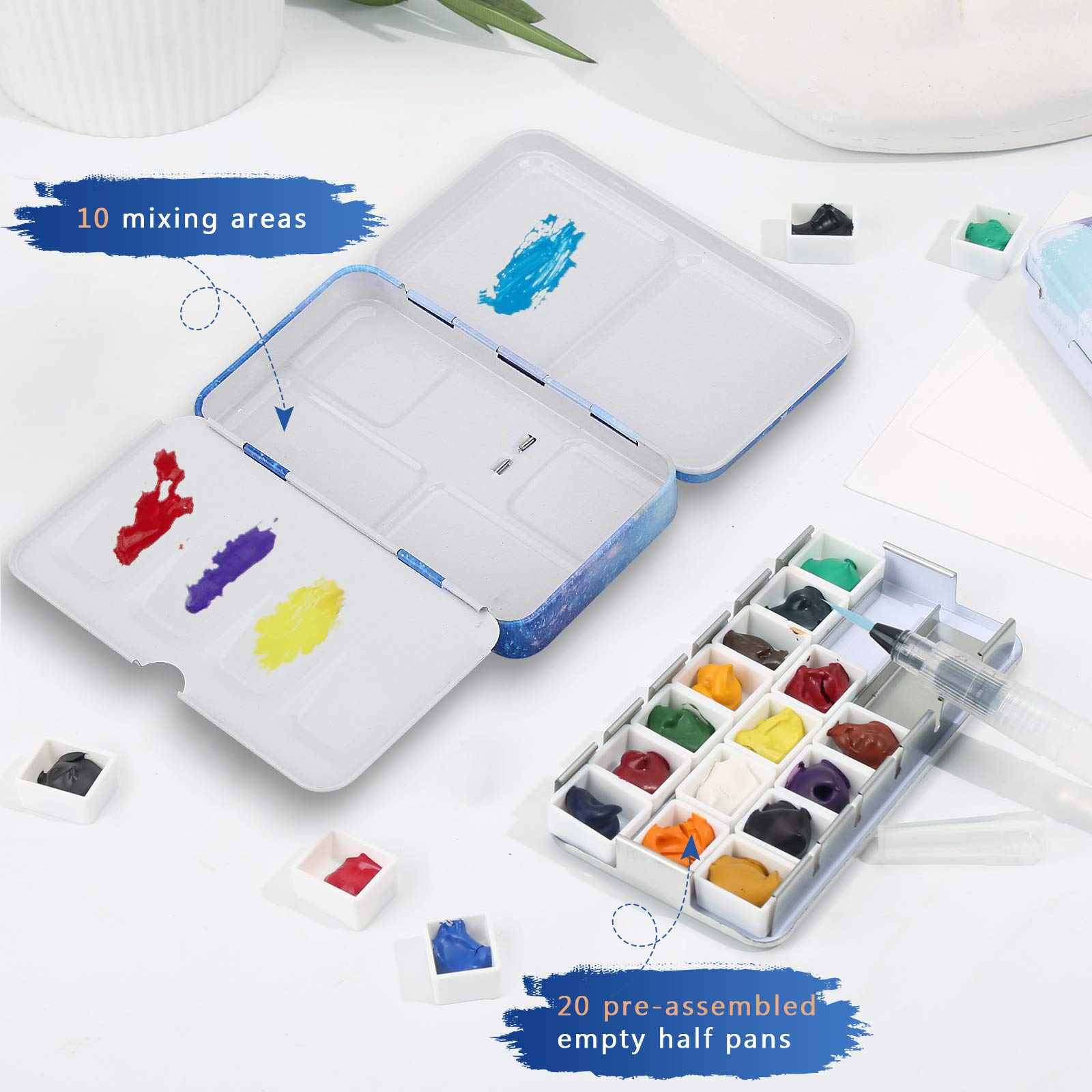 Palette d'aquarelle vide en métal avec 50 demi-godets vides pour kit de palette de peinture à faire soi-même, palette de voyage et peinture à l'air libre