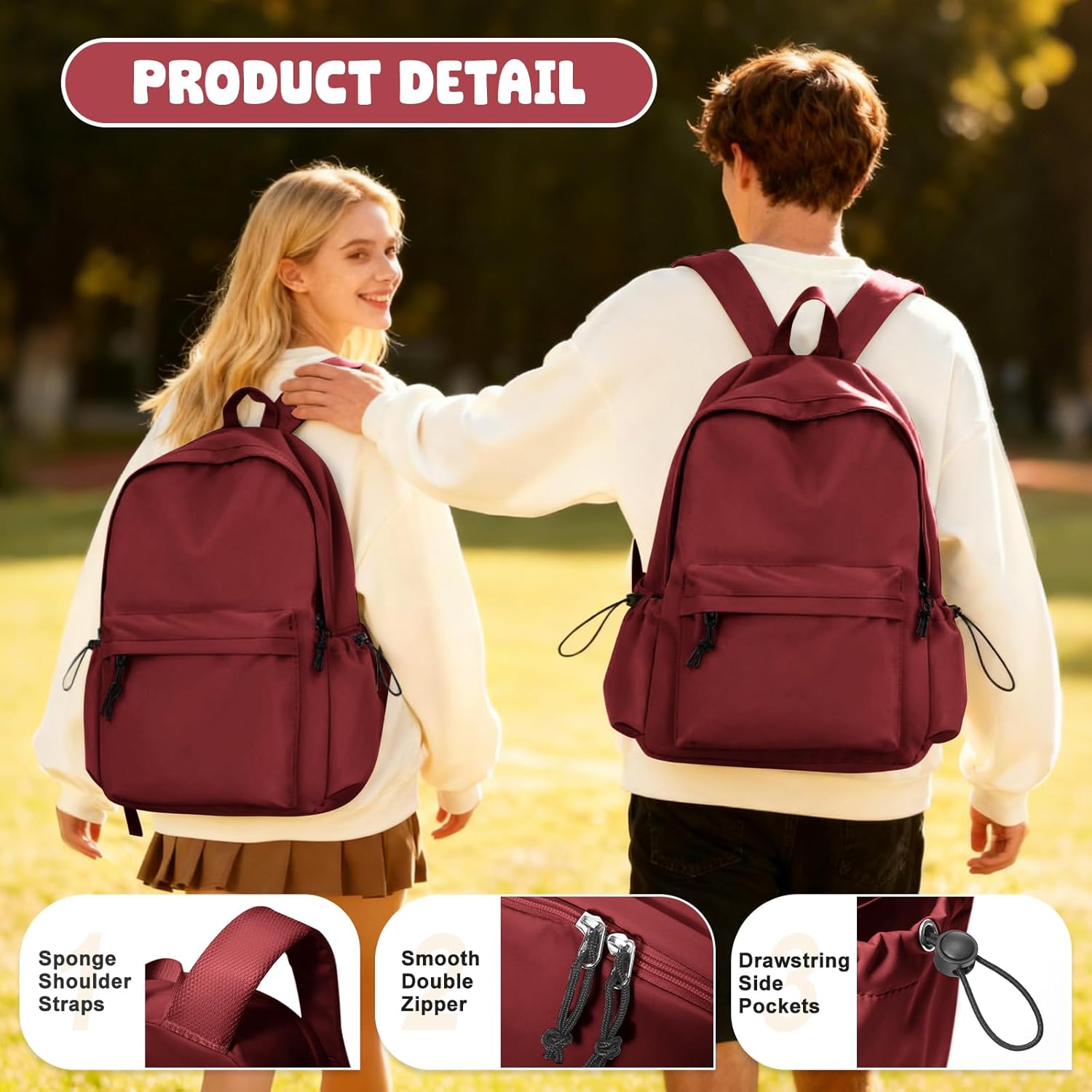 VECAVE School Backpack Red Waterproof Bookbag Casual Lightweight Travel Rucksack Daypack Backpacks for Men Women College High School Bags backpack for Boys Girls Teens