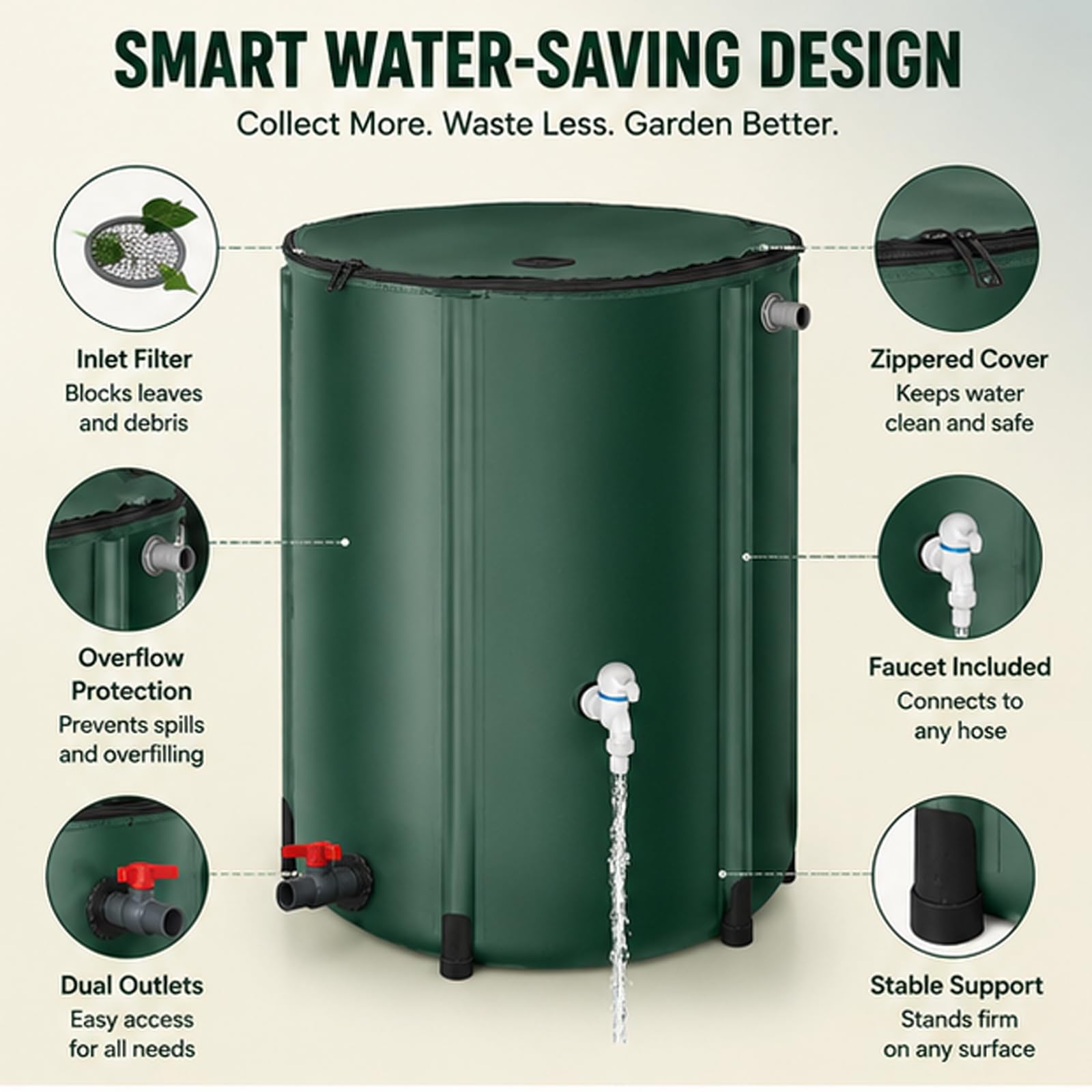 Barriles de Lluvia para jardín con Grifo y Tapa con Cremallera, Sistema de recolección de Agua de Lluvia Plegable de 50-250 L, Tanque de Almacenamiento de Agua portátil de PVC, para riego de Jard 50L