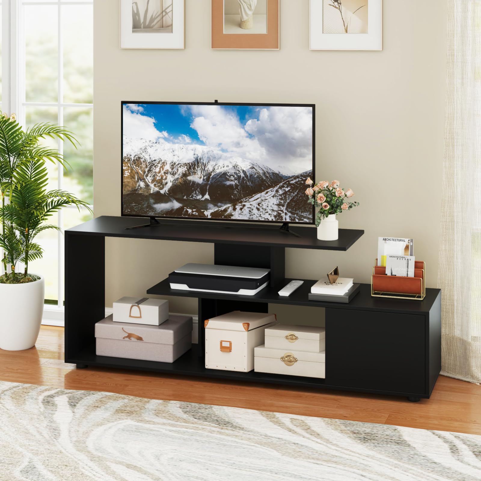 CASART TV Stand for 55 Inch TVs, Entertainment Center with Storage Cabinet & Open Shelves, Wooden Media Console Table TV Unit for Living Room Bedroom (Black)