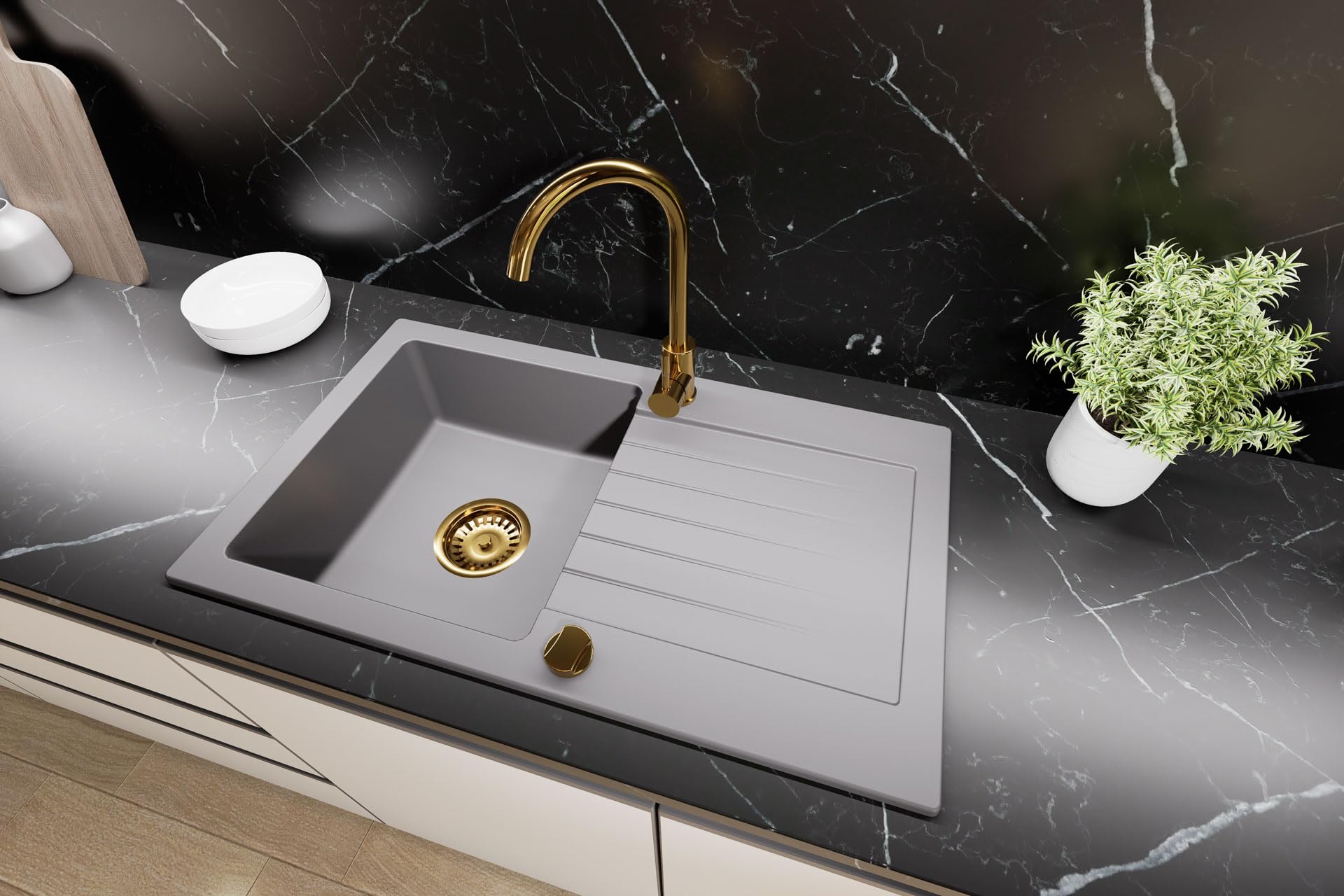 Faizee Home | Granitspüle 75×45 cm – Küchenspüle mit Abtropffläche | Granit Einbauspülbecken für Unterschränke ab 45 cm inkl. Siphon-Set & Armatur Genial Gold | Farbe Grau