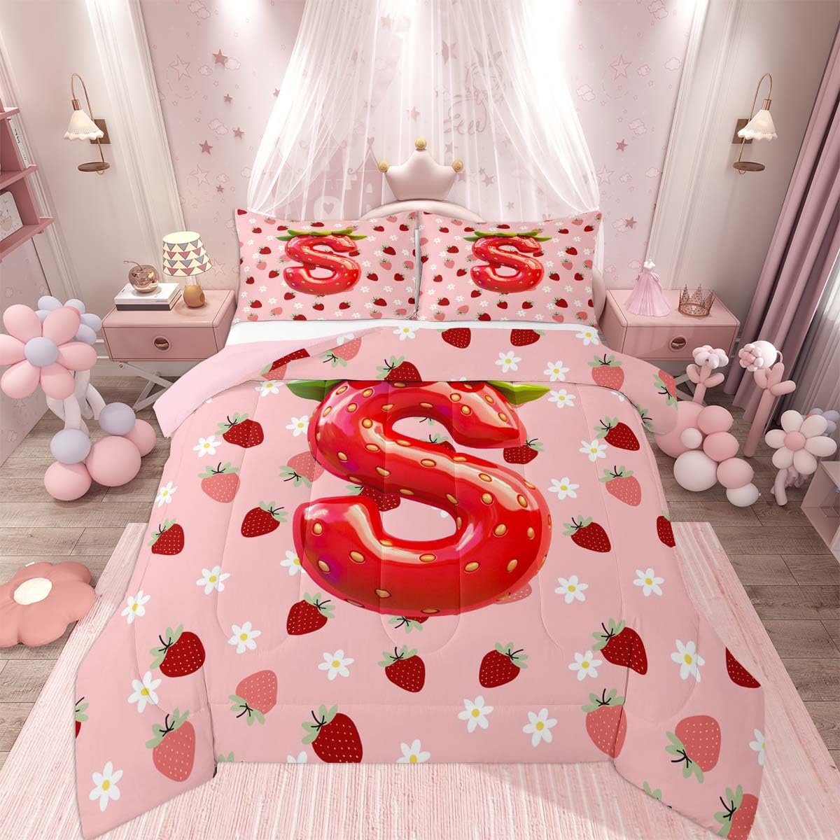 Feelyou Girls Strawberry Kids Comforter Set Queen Size Pink Strawberry Bedding Set Initial Letter S Duvet Quilt for Kids Boys Girls Bedroom Decor Microfiber Ultra Soft Breathable