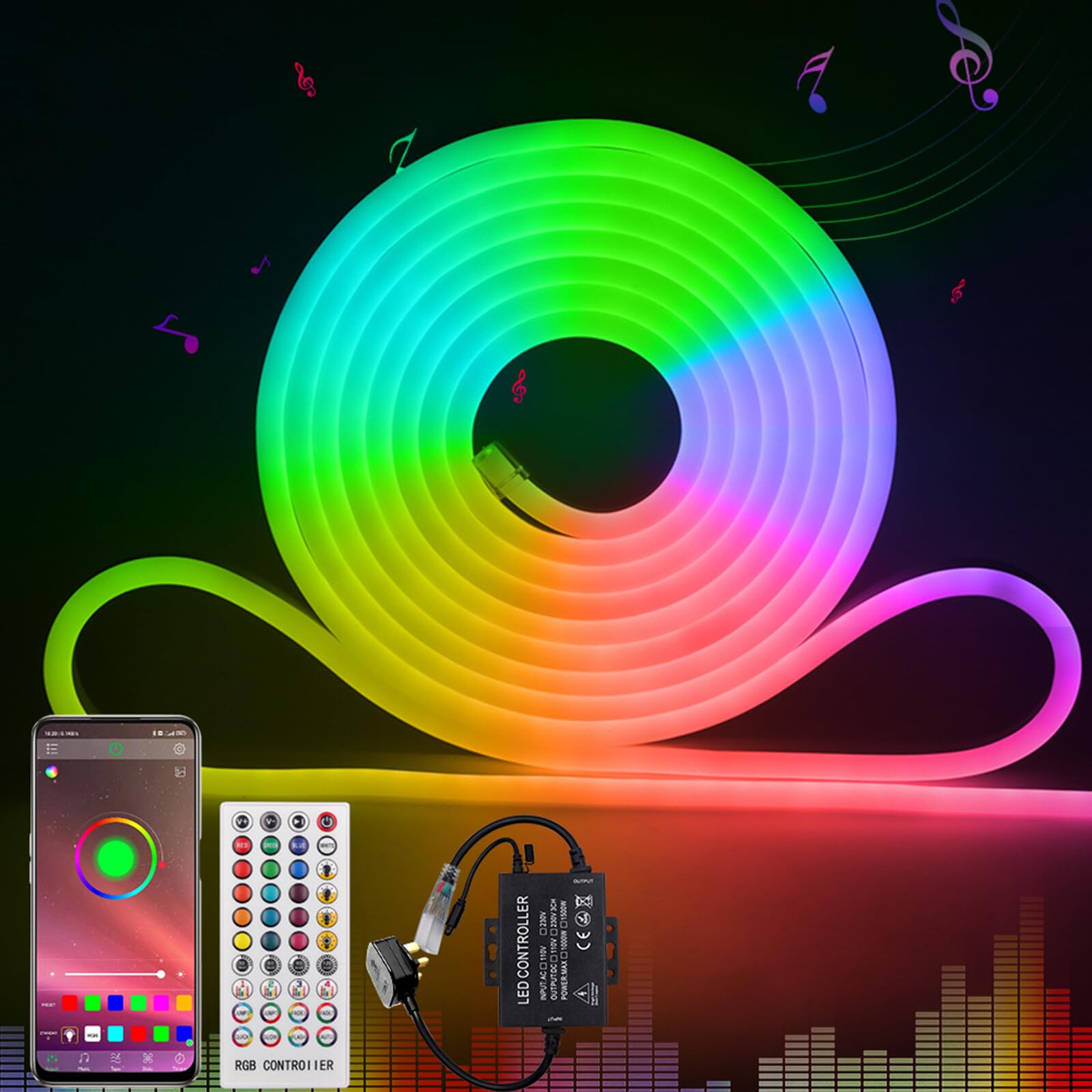 KAFULA 220V RGB LED neon Light Strip with Controller, IP65 Waterproof and Flexible, SMD5050 dimmable LED Light Strip CIR85+, can be Cut Every 1m, Home Decoration [16m, 80LEDs/m]