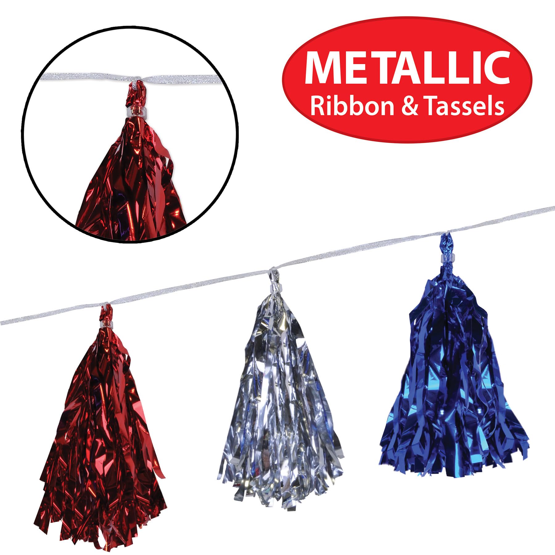 Beistle 59927-RSB, 2 Stück metallische Quasten-Girlanden, 24,8 cm x 2,3 m, Rot/Silber/Blau