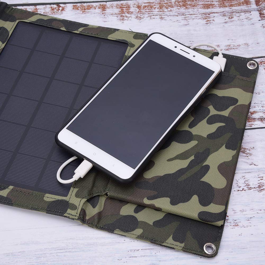 Cargador solar portátil plegable de 12 W, alta eficiencia, con batería de 5000 mAh, para camping, viajes, teléfono, batería externa, enchufe USB universal