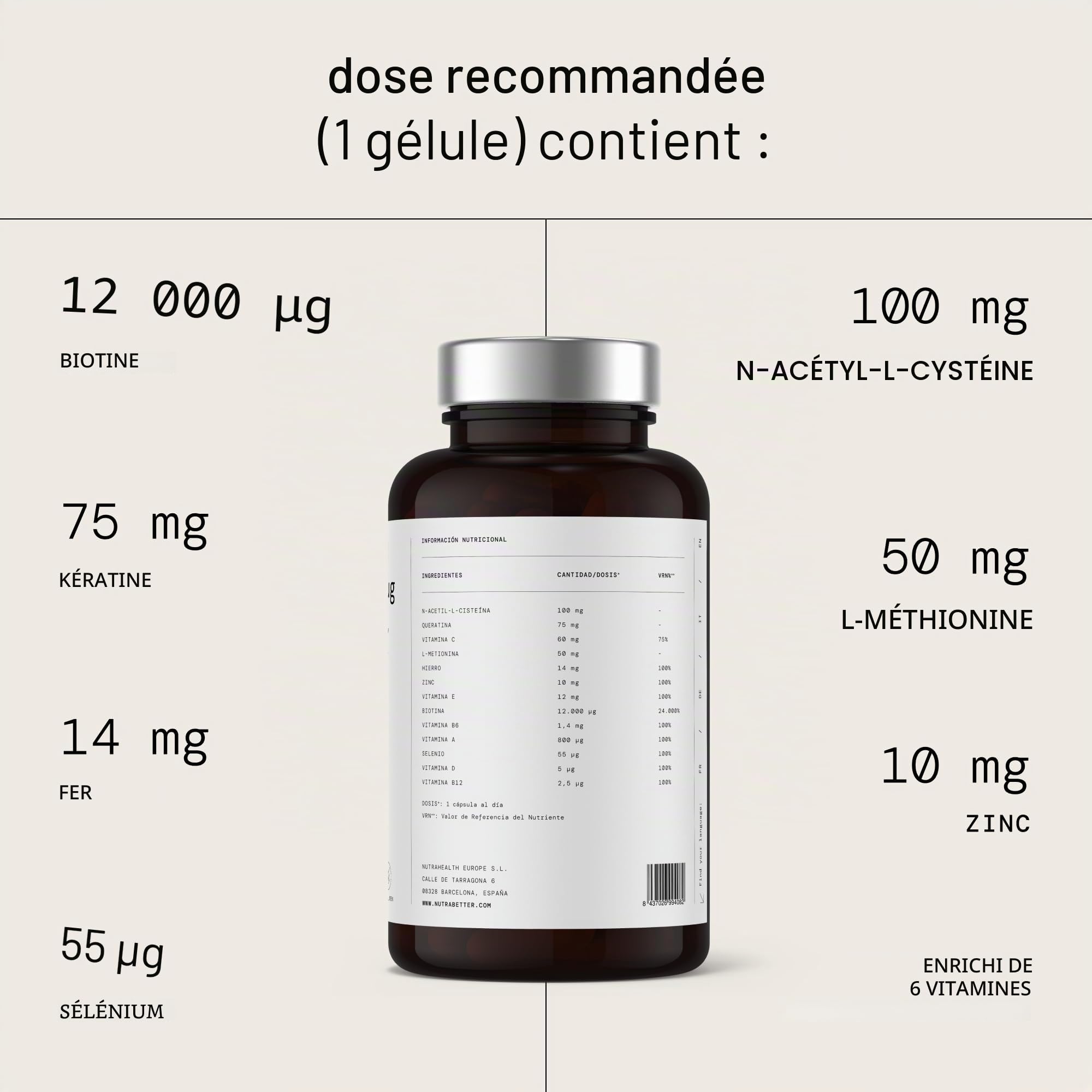 Biotine 12 000 mcg avec kératine, cystéine, méthionine, fer, zinc, sélénium et +6 vitamines | 120 gélules | Croissance et anti-chute des cheveux | Ongles et peau éclatante | nutrabetter
