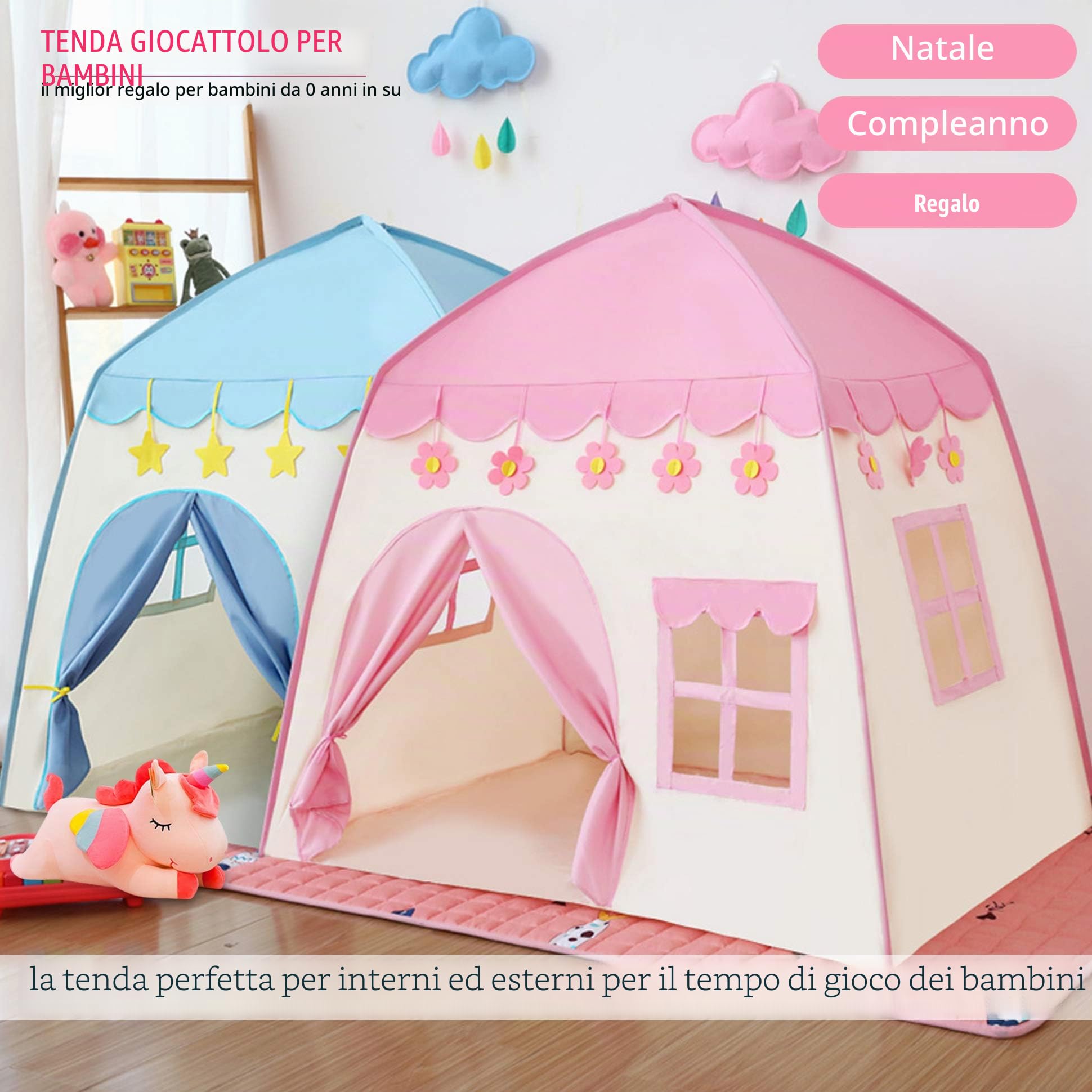 Tenda da gioco per bambini con luci a stella, rosa, per interni ed esterni