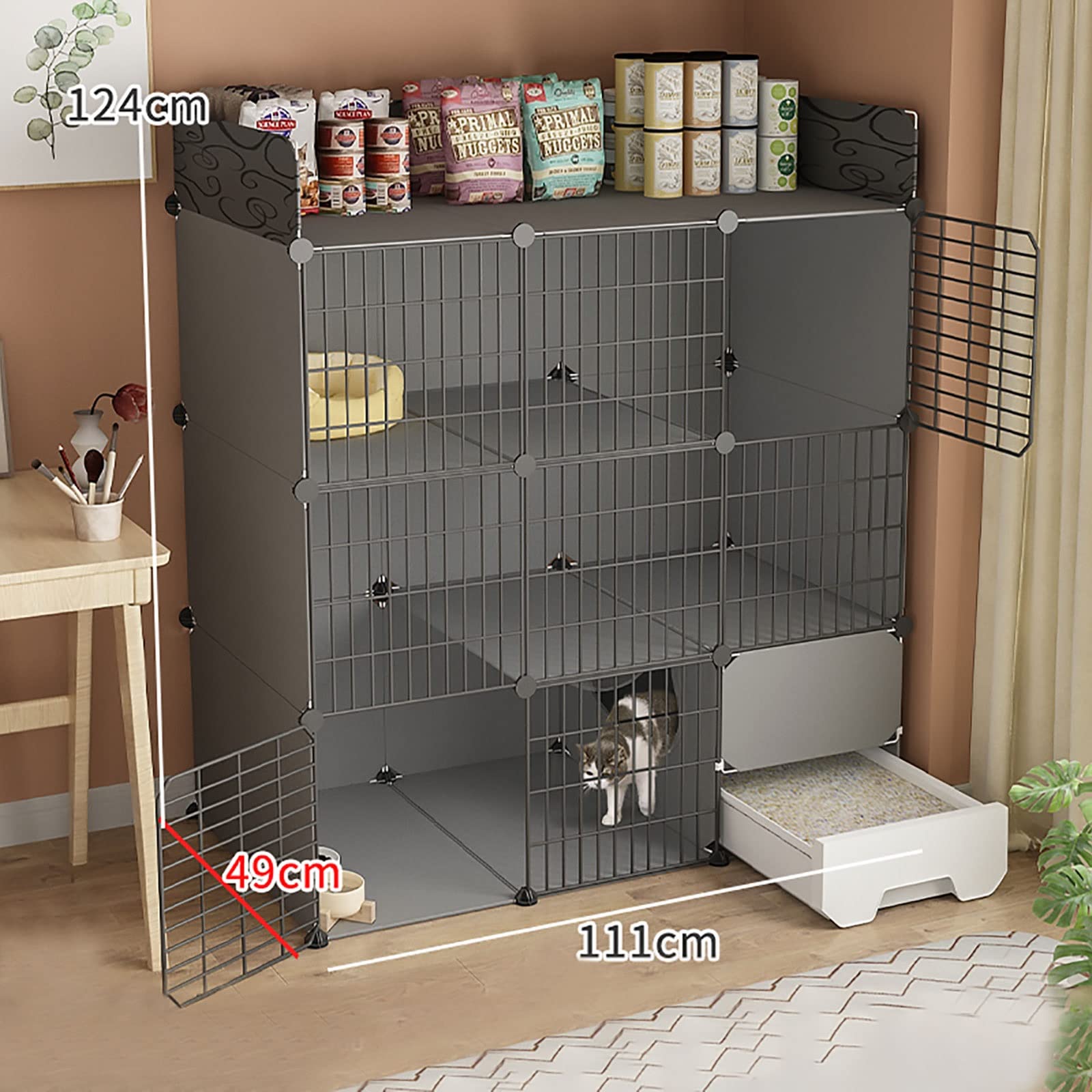 Gabbia per gatti da interno con lettiera, recinzione in metallo multistrato rimovibile per piccoli animali domestici, soluzione fai da te spazio extra large