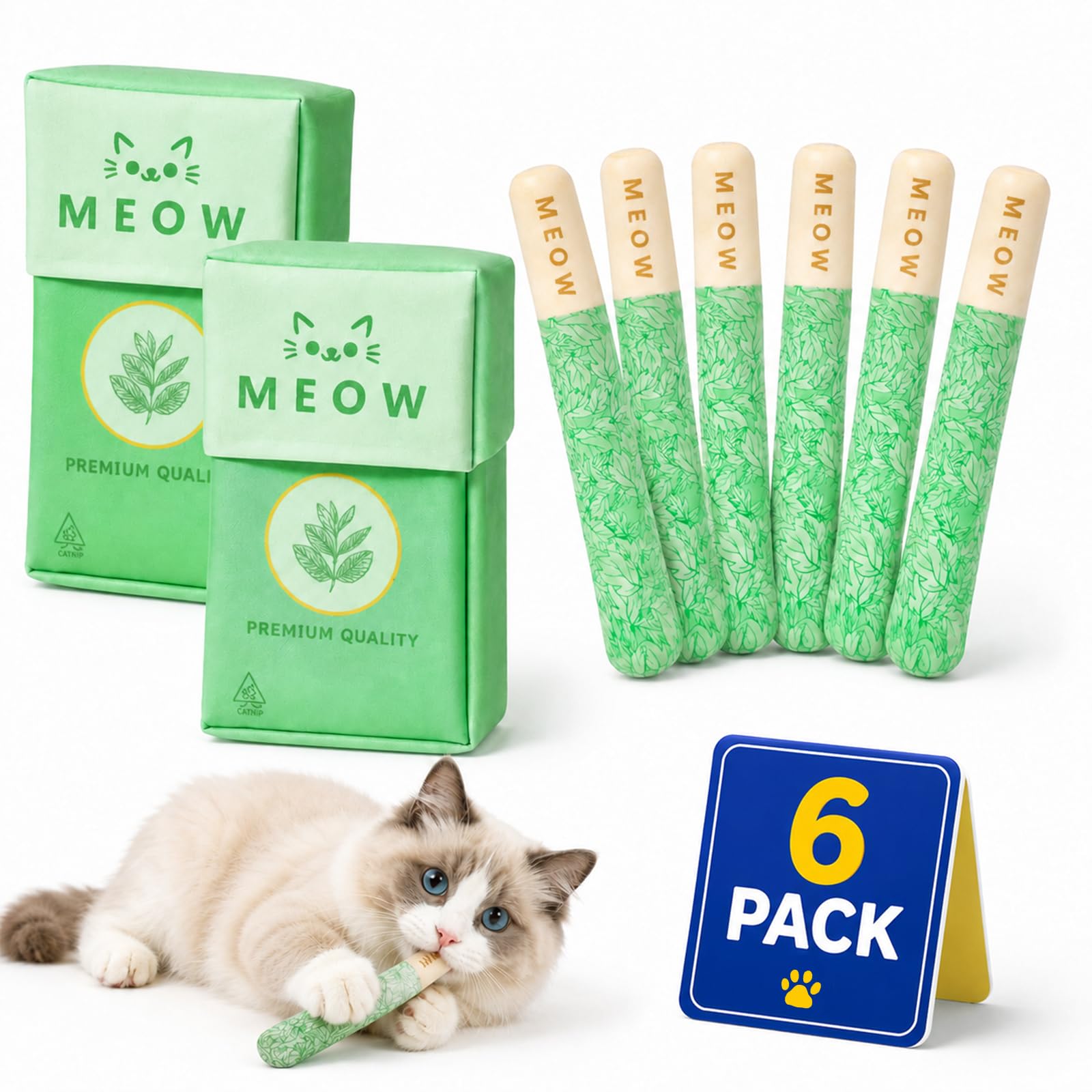 Paquete de 6 juguetes de hierba gatera para gatos masticables con 2 bolsas, orgánicos y seguros para gatitos, juguetes de dentición y juguetes de pateador, juguete divertido para aliviar el estrés