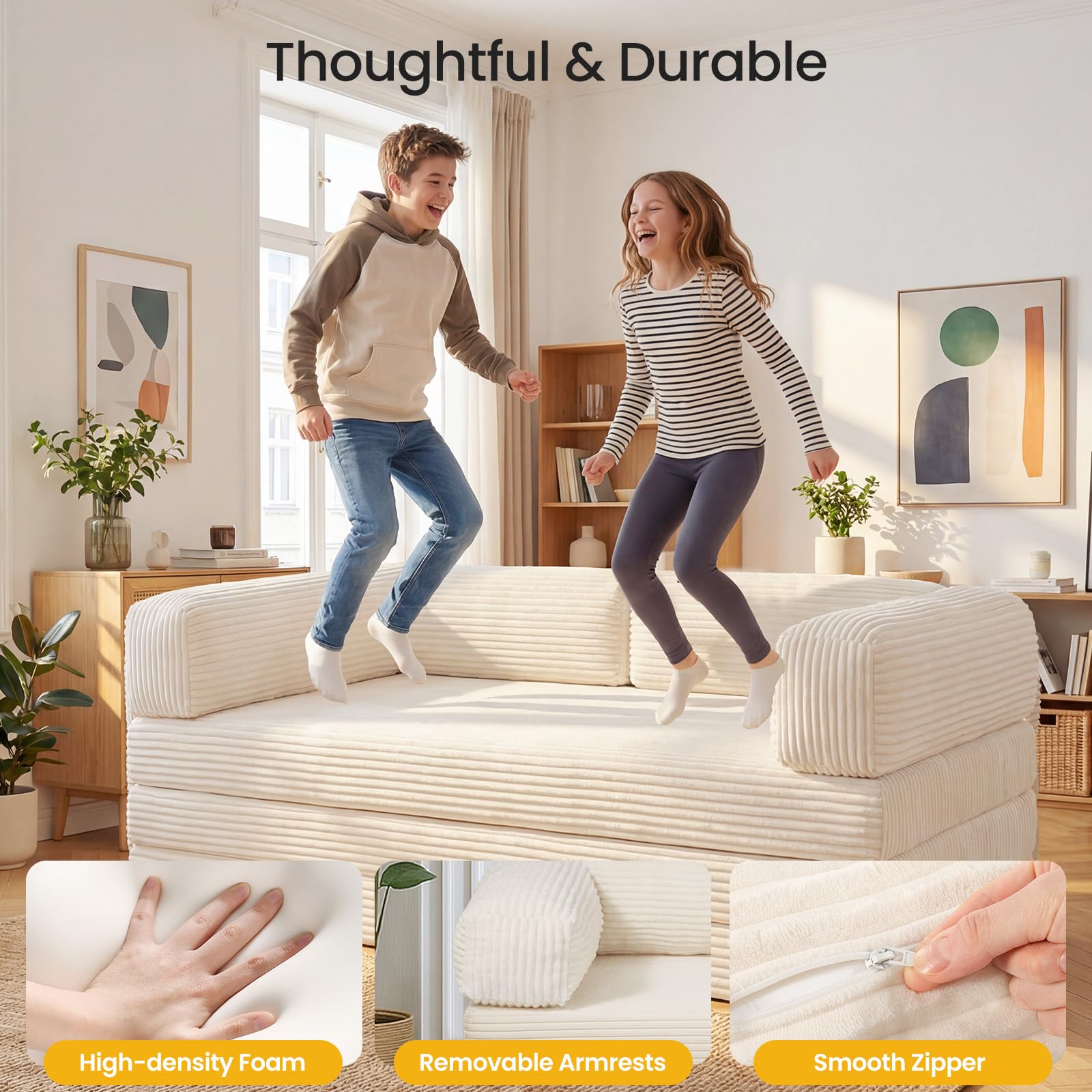 Erament Futon Sofa Bed Queen, Convertible Tri Folding Mattress Foldable with Removable Armrests & Washable Cover, 5-Inch Floor Mattress with High-Density Foam, Small Pull Out Couch Bed, Beige