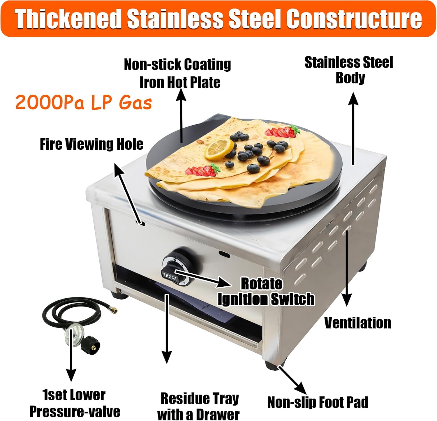 INTBUYING 15.75in Crepe Maker, Commercial Pancake Maker Machine, Non-Stick Single Hotplate Crepe Pan, 2800Pa LP Gas, with Lower Pressure-valve for Pancakes Roti Tortilla Crispy Bacon