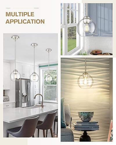 Miniatura 6 de Emak PL119-BN-2PK, PL119-BN - Luces colgantes de 7 pulgadas, lámparas colgantes de níquel cepillado con pantalla de vidrio transparente, paquete de